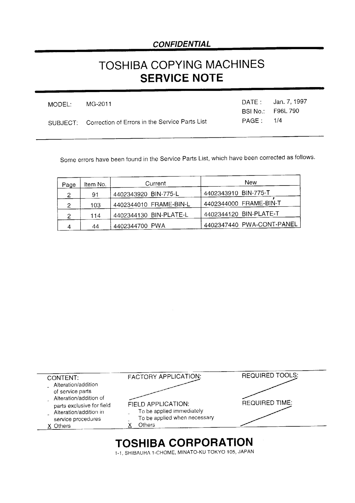 Toshiba f96l790 Service Note