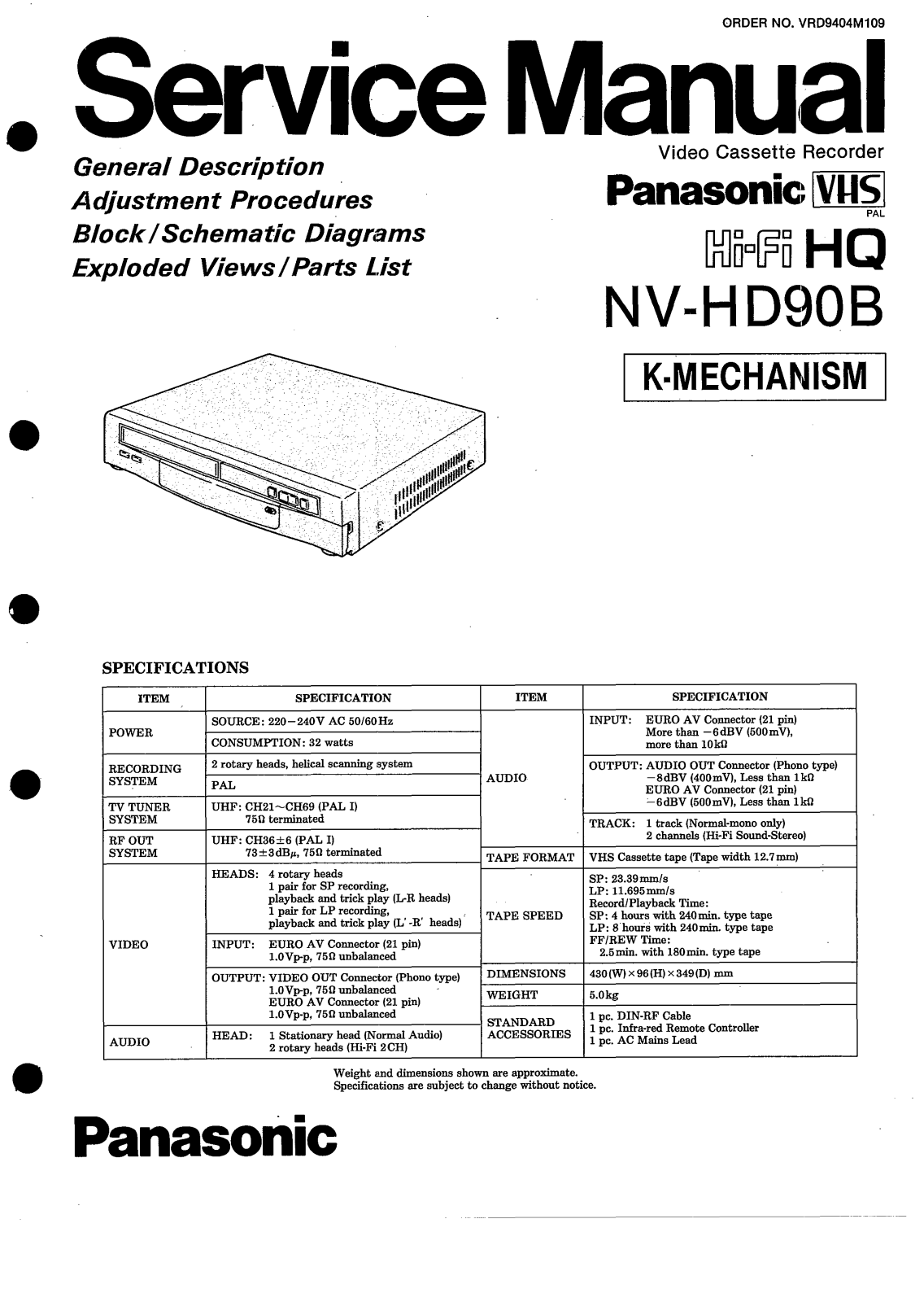 PANASONIC NV-HD90B Service Manual