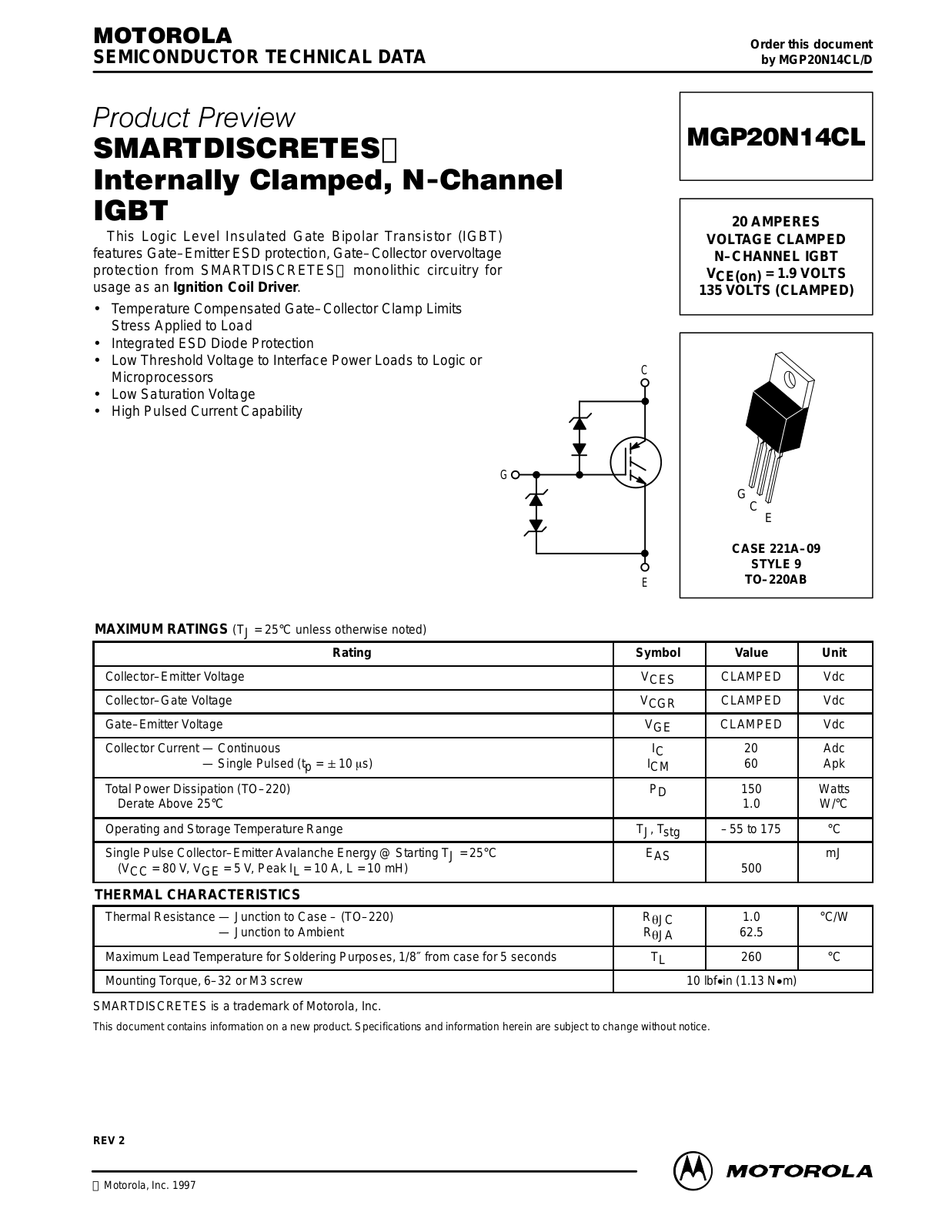 MOTOROLA MGP20N14CL Datasheet