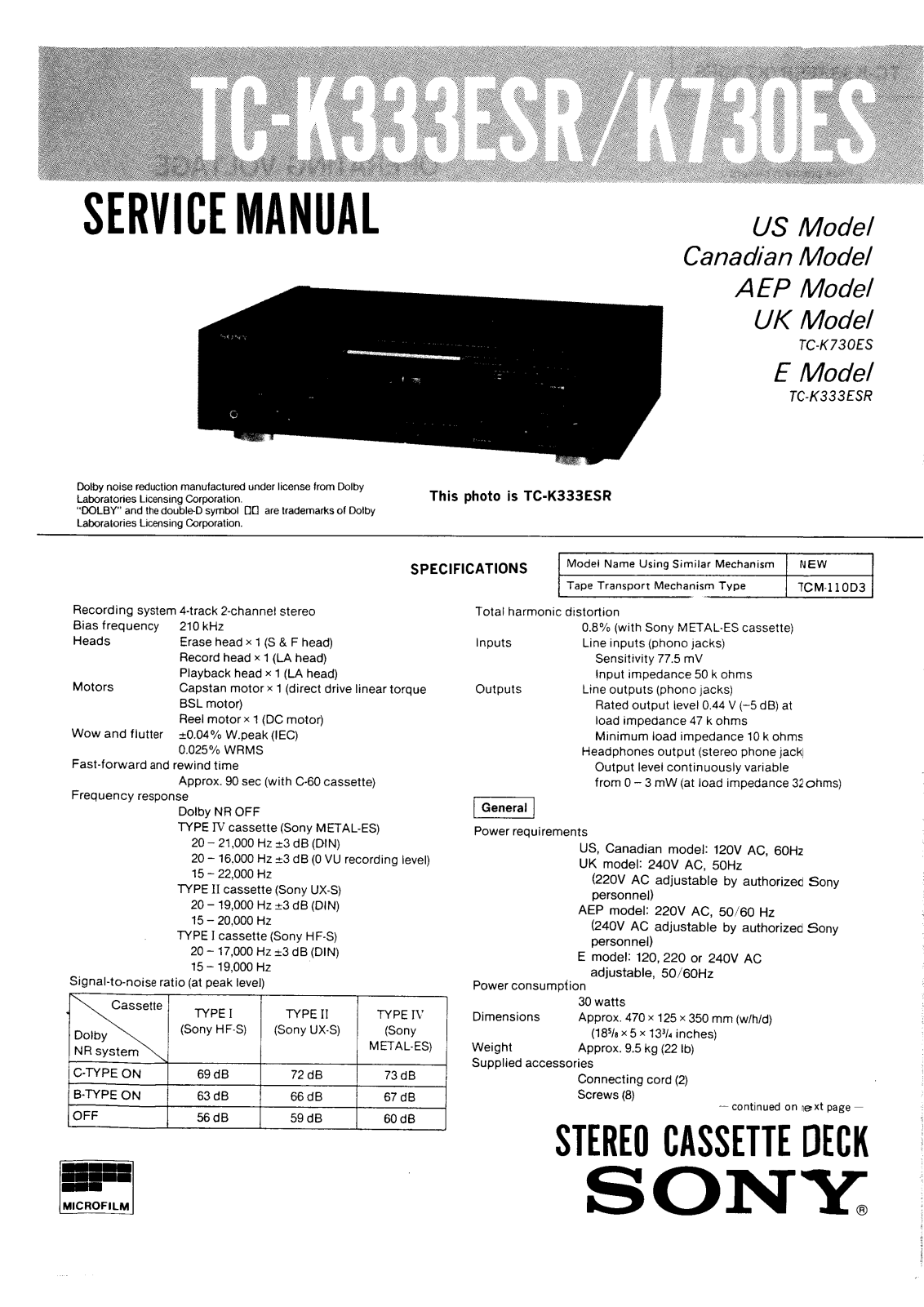 Sony TCK-333-ESR, TCK-730-ES Service manual