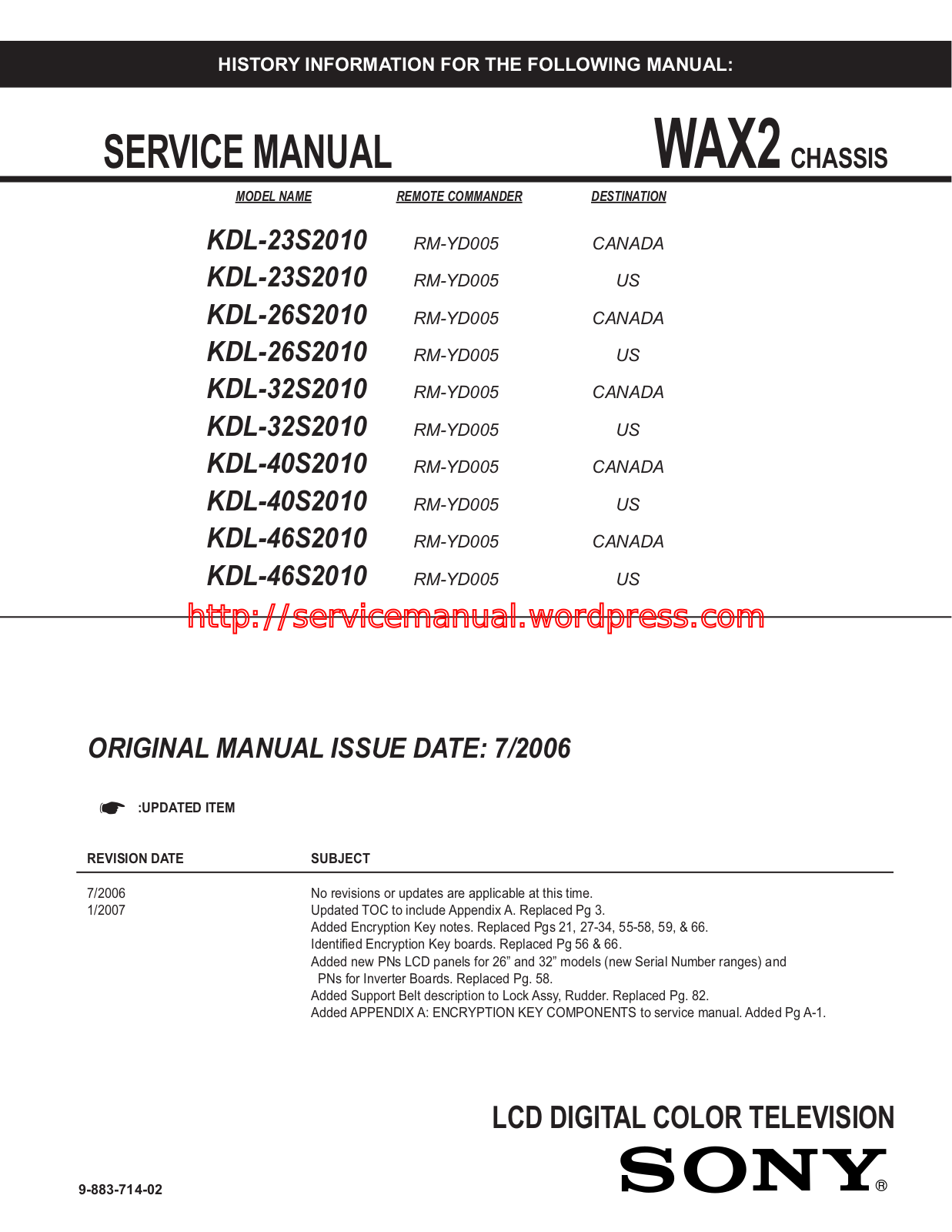 Sony KDL-23S2010, KDL-26S2010, KDL-32S2010, KDL-40S2010, KDL-46S2010 Service Manual