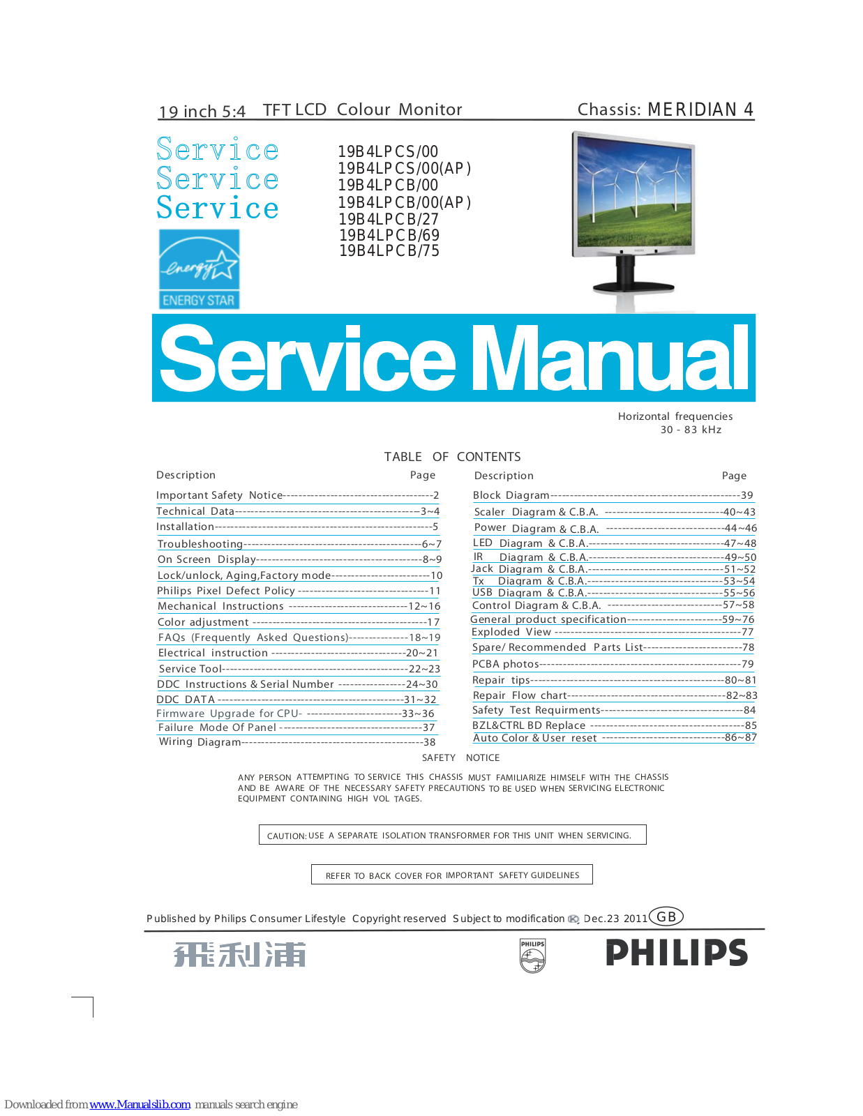 Philips 19B4LPCS/00, 19B4LPCS/00(AP), 19B4LPCB/00(AP), 19B4LPCB/27, 19B4LPCB/69 Service Manual