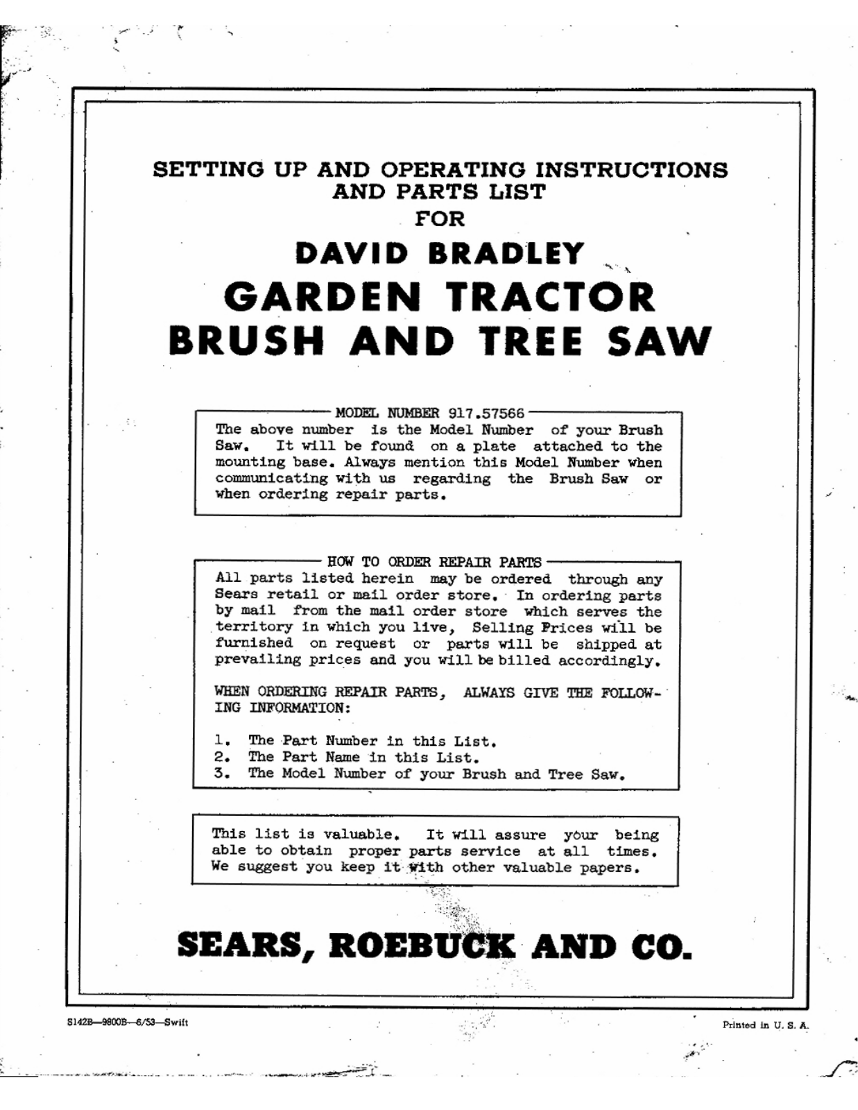 David Bradley 917.57566 Operating instructions