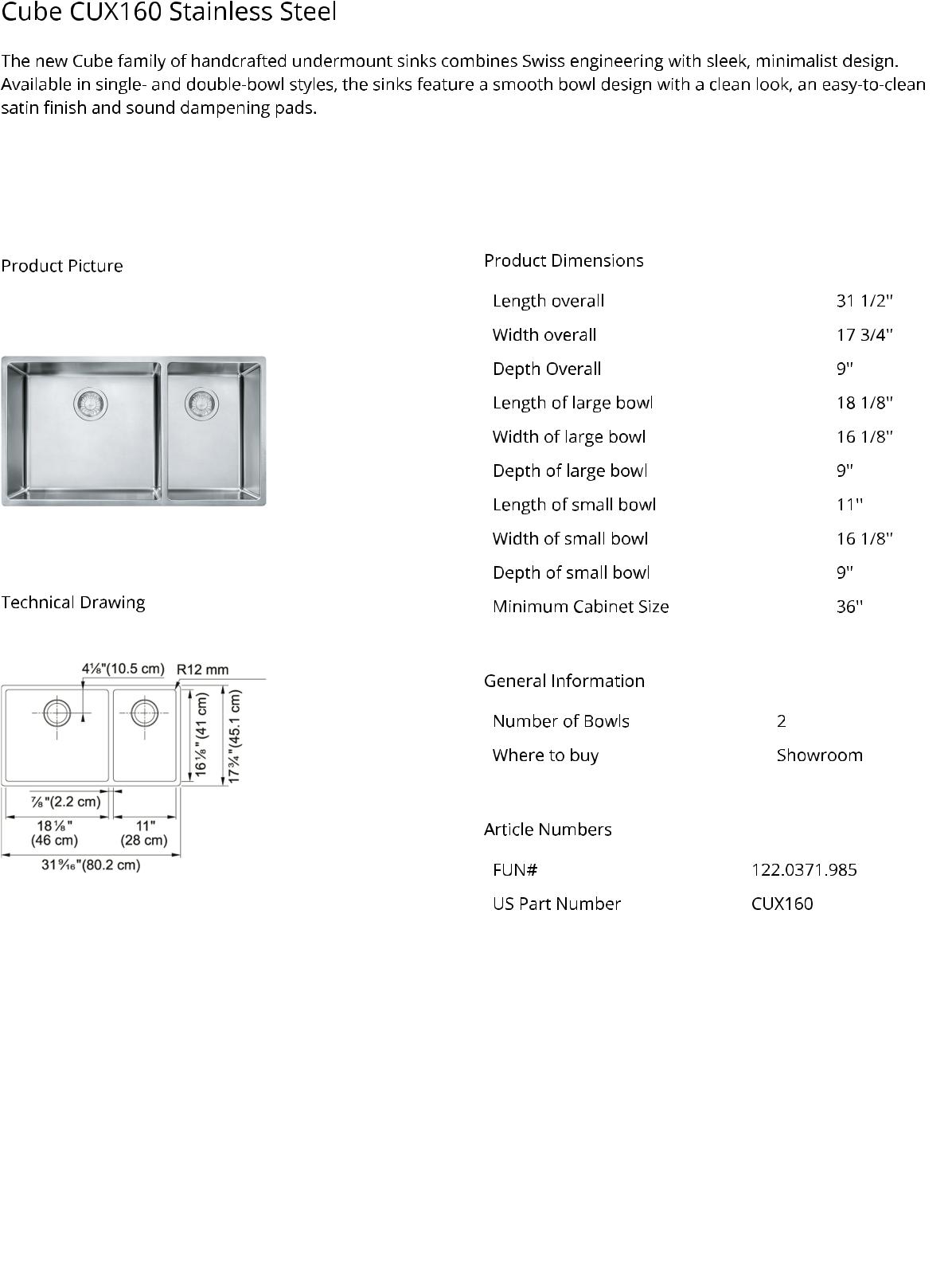 Franke CUX160 Specification Sheet