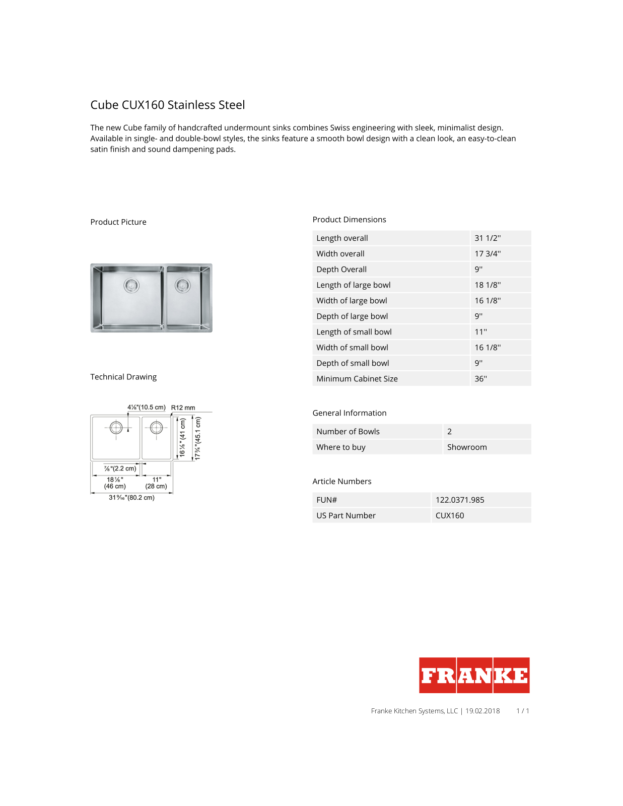 Franke CUX160 Specification Sheet