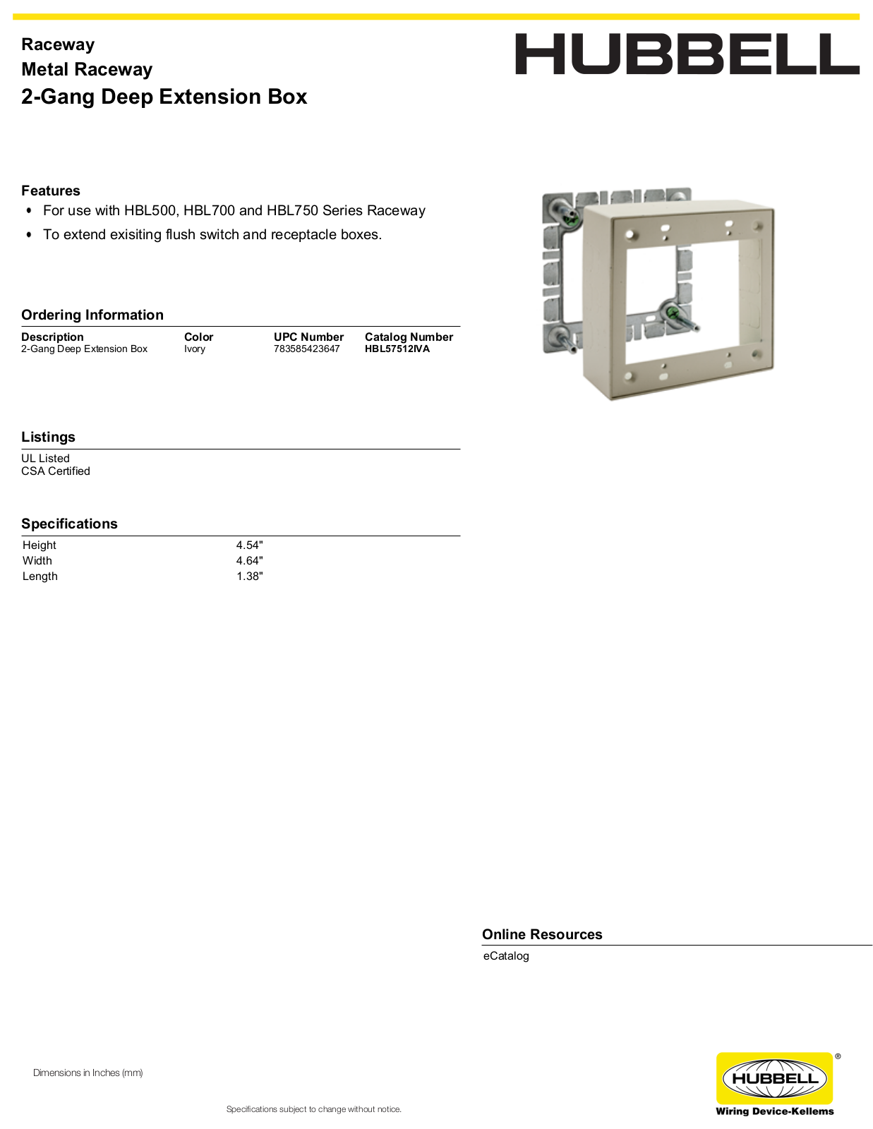 Hubbell HBL57512IVA Specifications