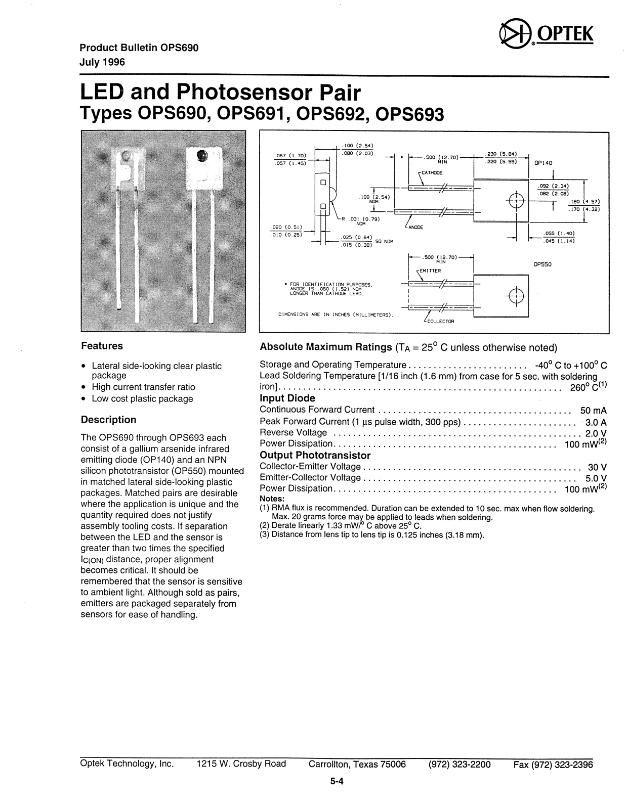 OPTEK OPS693, OPS692, OPS691, OPS690 Datasheet