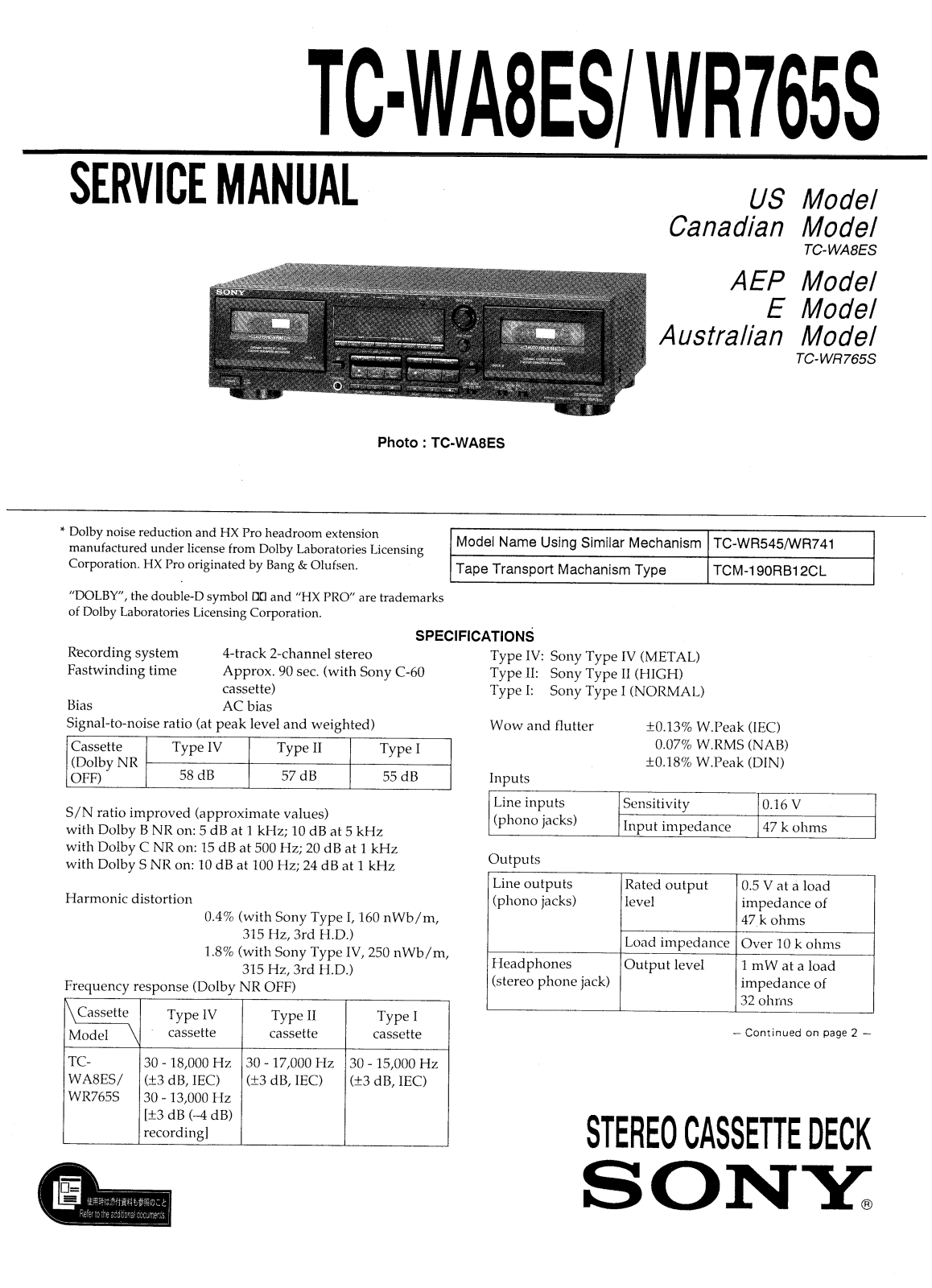 Sony TCWA-8-ES, TCWR-765-S Service manual