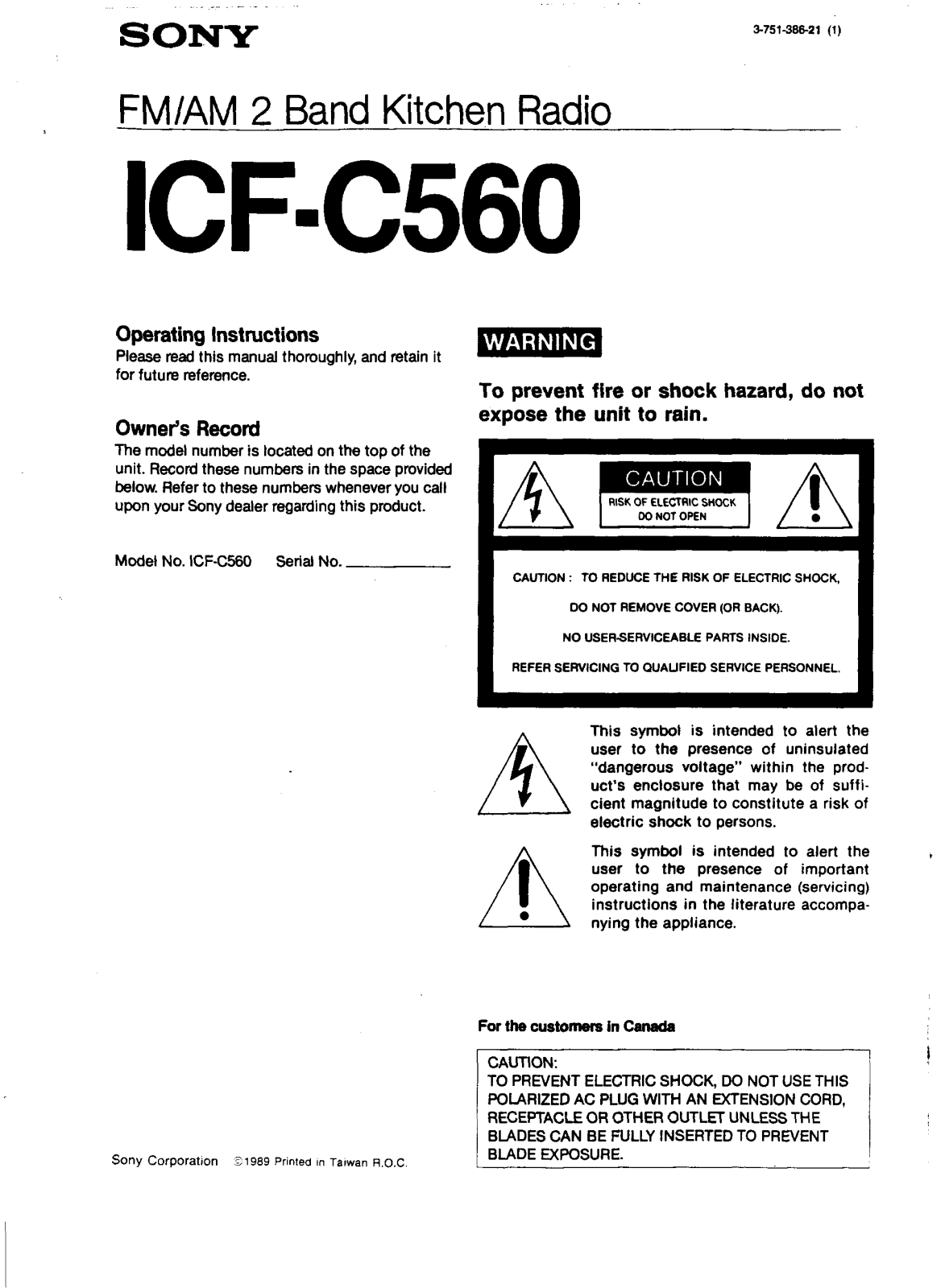 Sony ICF-C560 Operating Instructions
