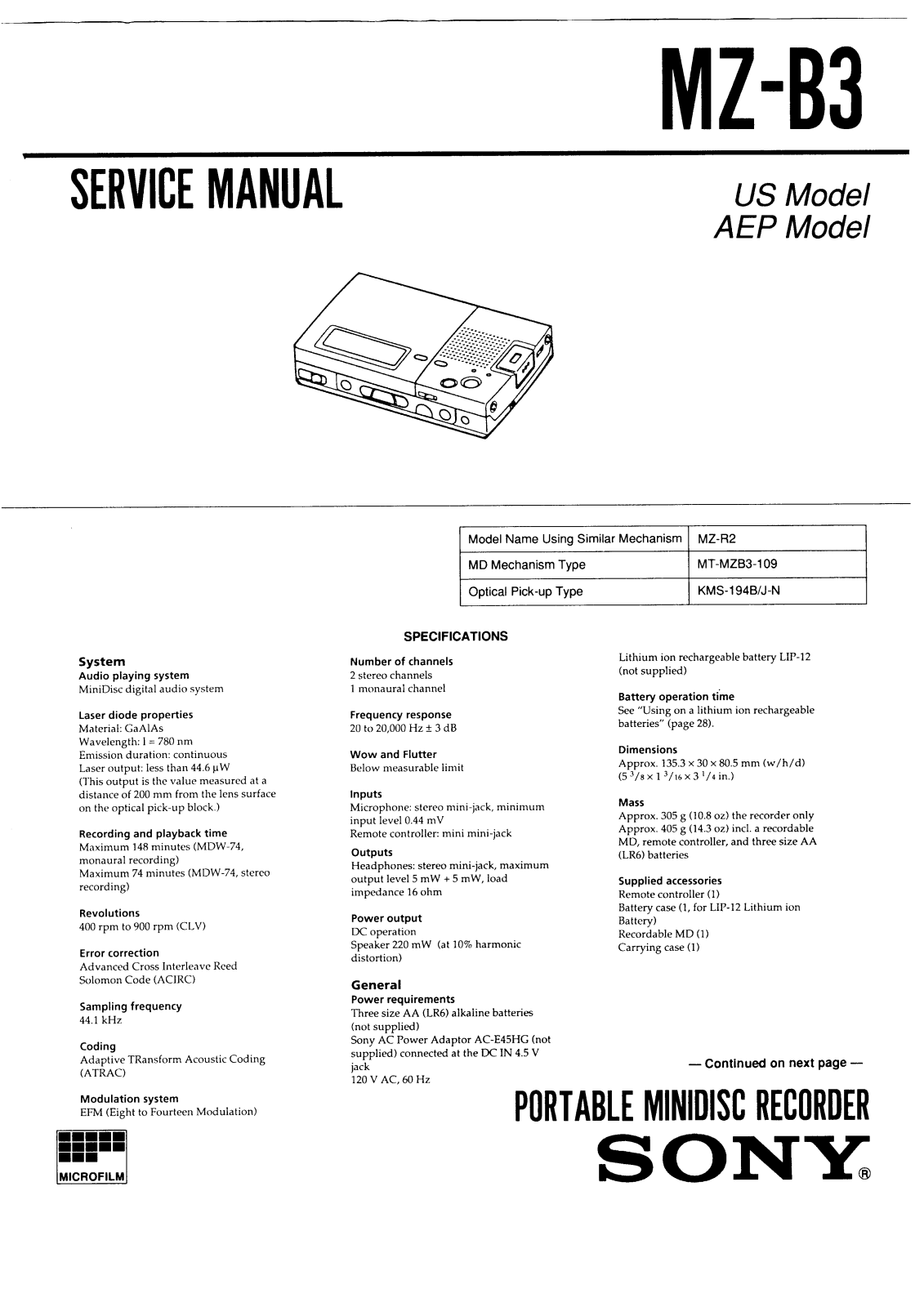 Sony MZB-3 Service manual