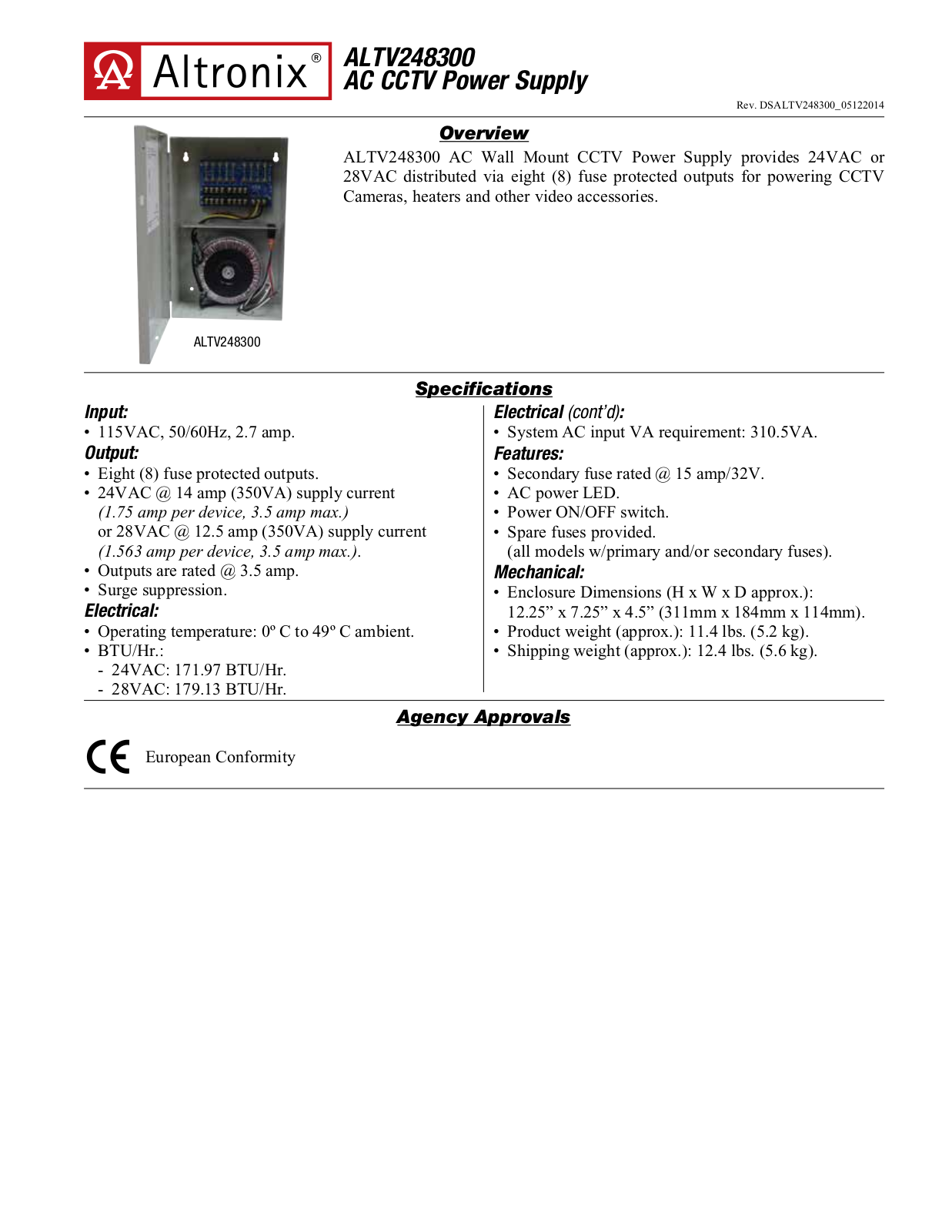 Altronix ALTV248300 Specsheet