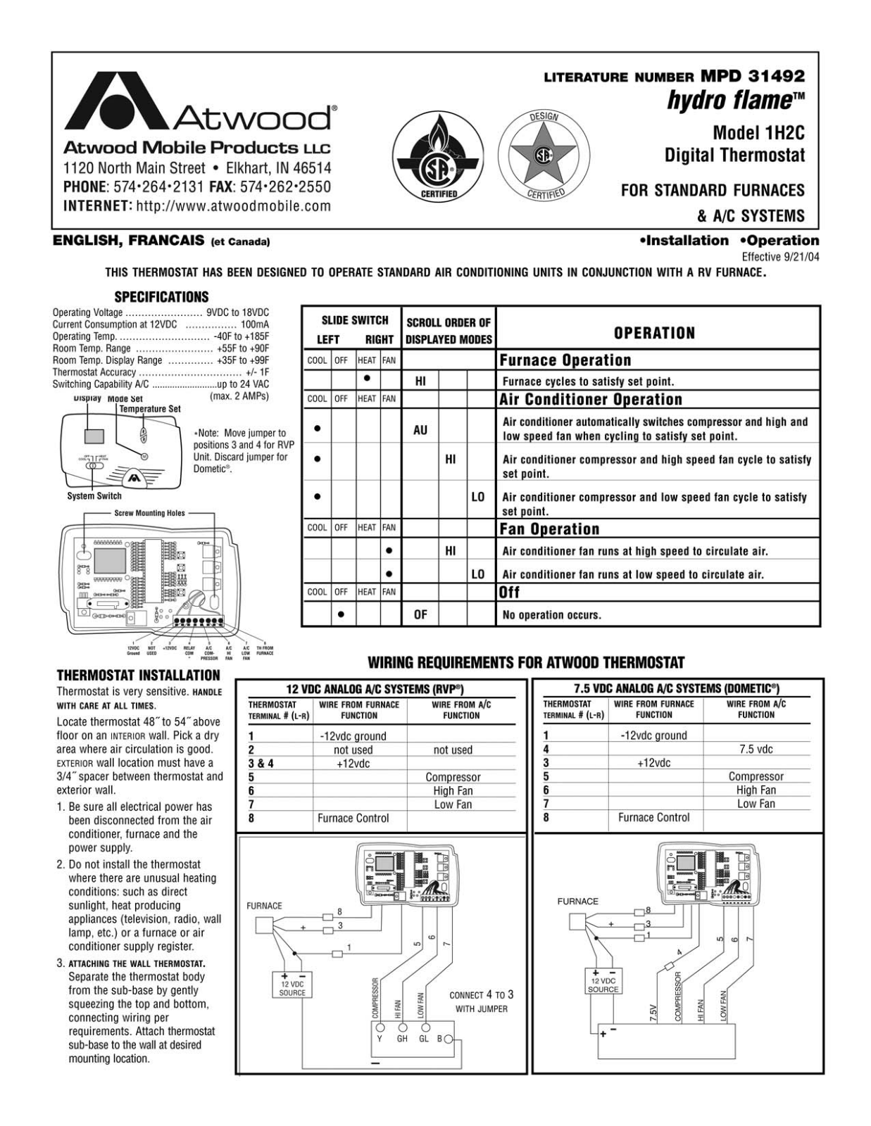 Atwood Mobile Products HYDRO FLAME 1H2C User Manual