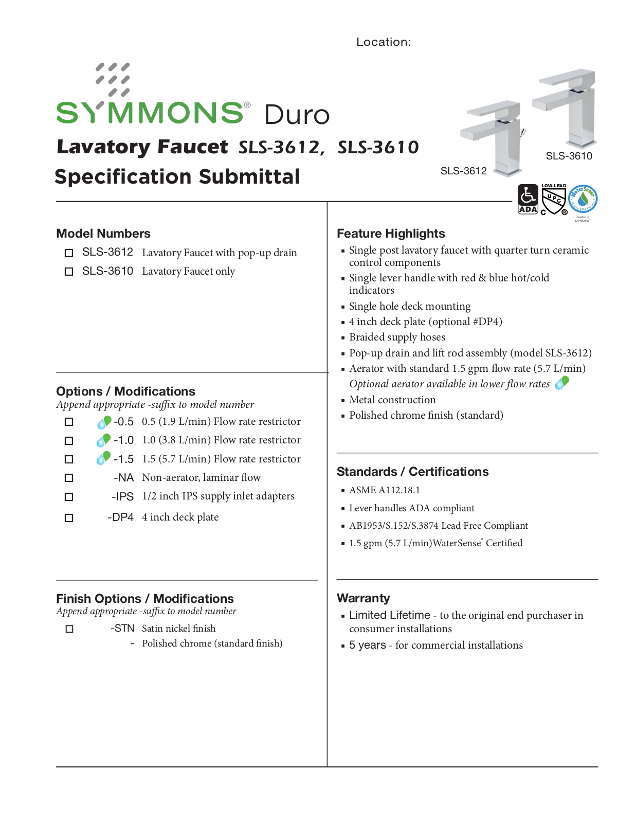 Symmons SLS-3610 User Manual