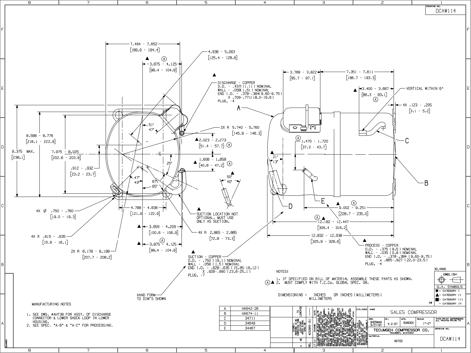 Tecumseh AWA2450ZXD, AWA7512ZXC, AWA7512ZXD, AWA7515ZXC, AWA7515ZXD Drawing Data