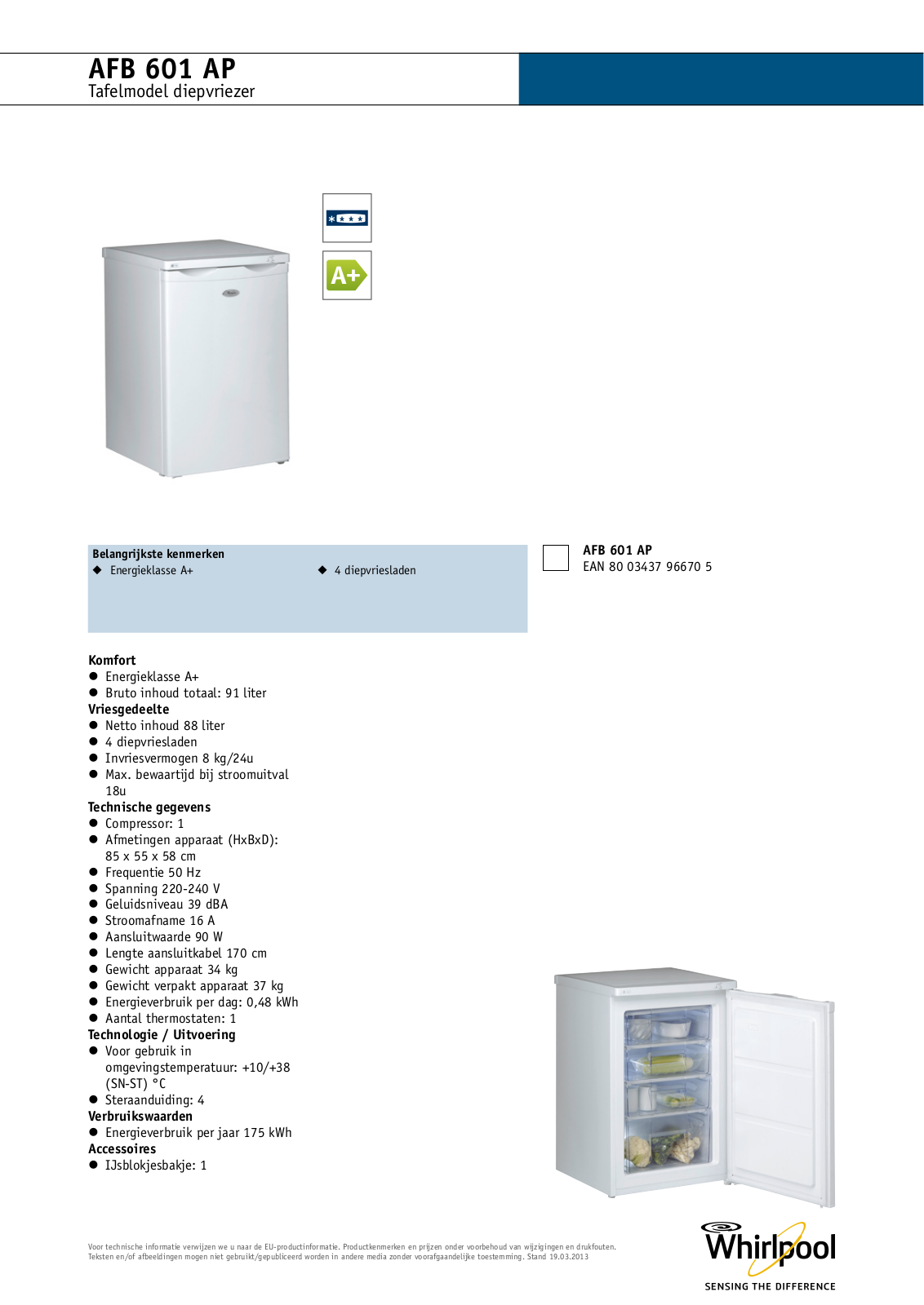 Whirlpool AFB 601 AP PRODUCT SHEET