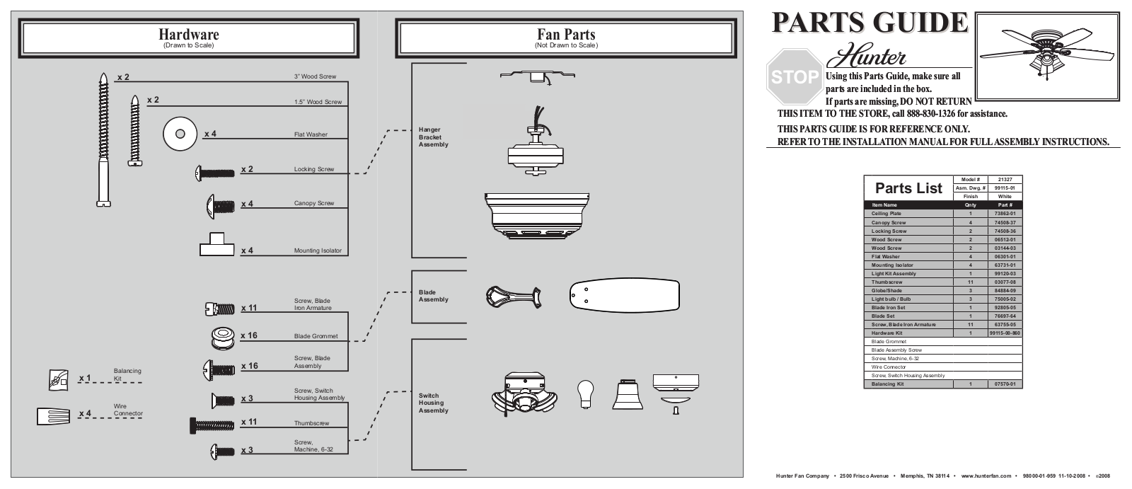 Hunter 21327 Parts Guide