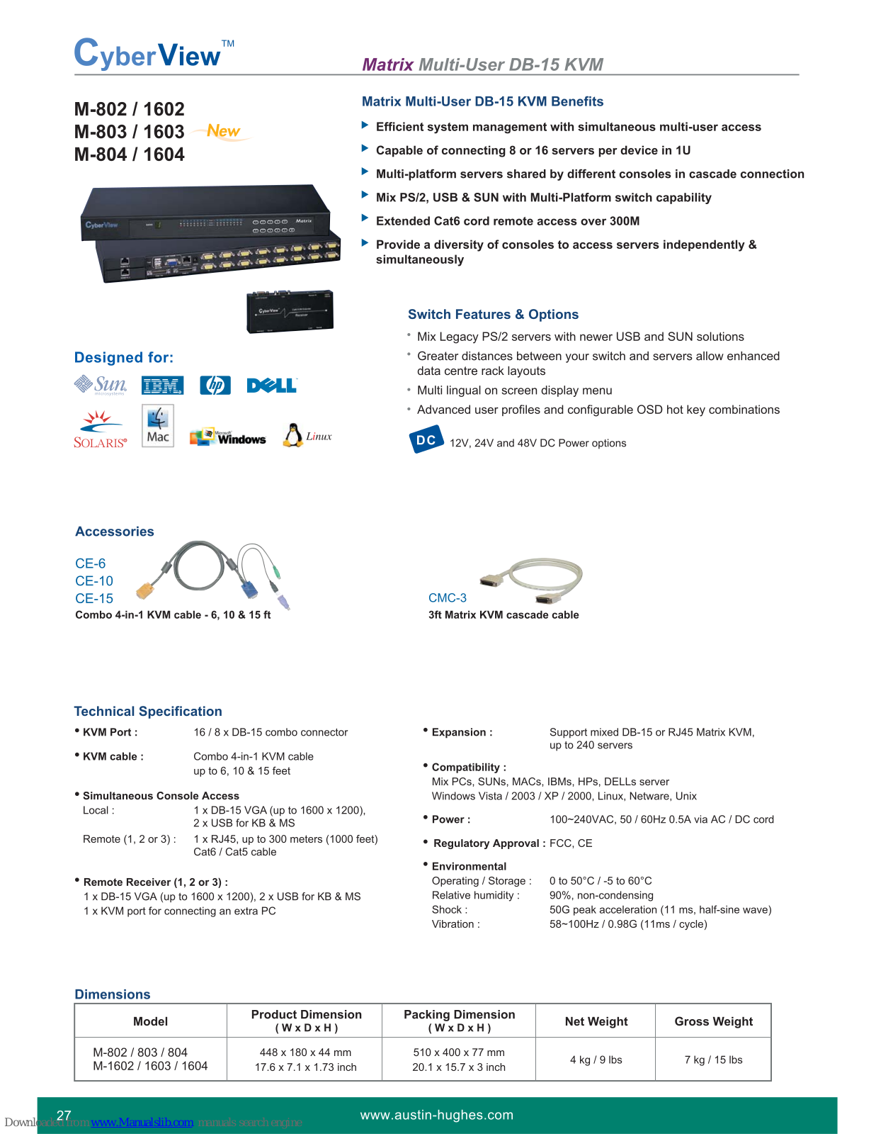 Austin Hughes CyberView M-1602, CyberView M-1603, CyberView M-1604, CyberView M-802, CyberView M-803 Specifications