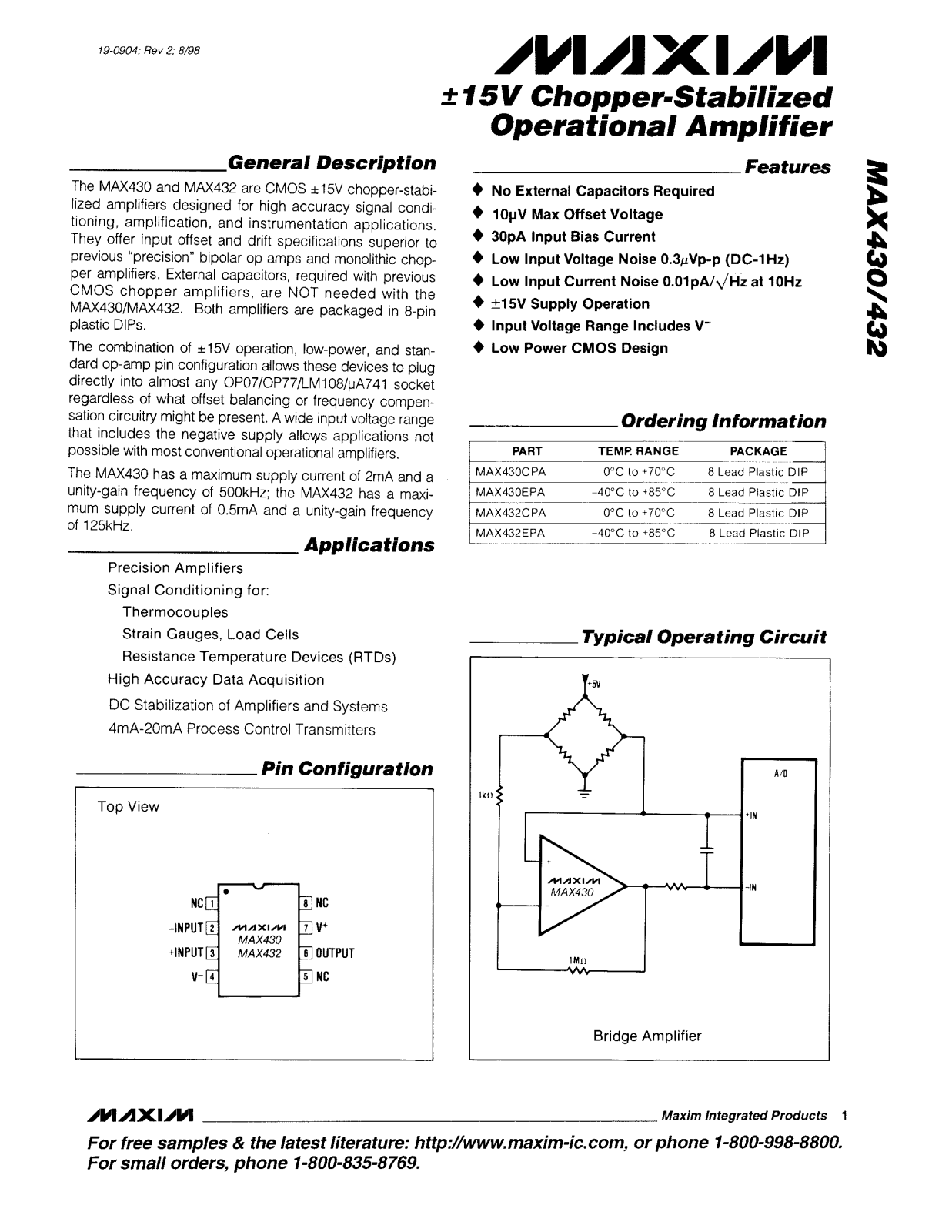 Maxim MAX430EPA, MAX430CPA, MAX432EPA, MAX432CPA Datasheet