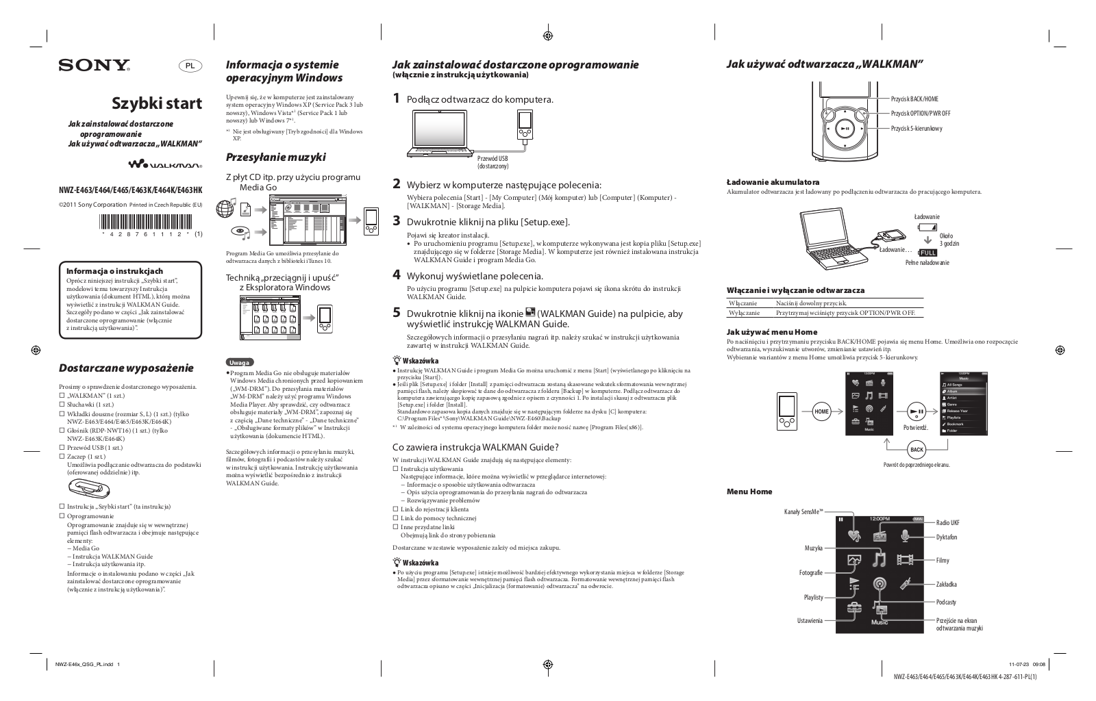 Sony NWZ-E463, NWZ-E464, NWZ-E465, NWZ-E463K, NWZ-E464K Getting Started Guide