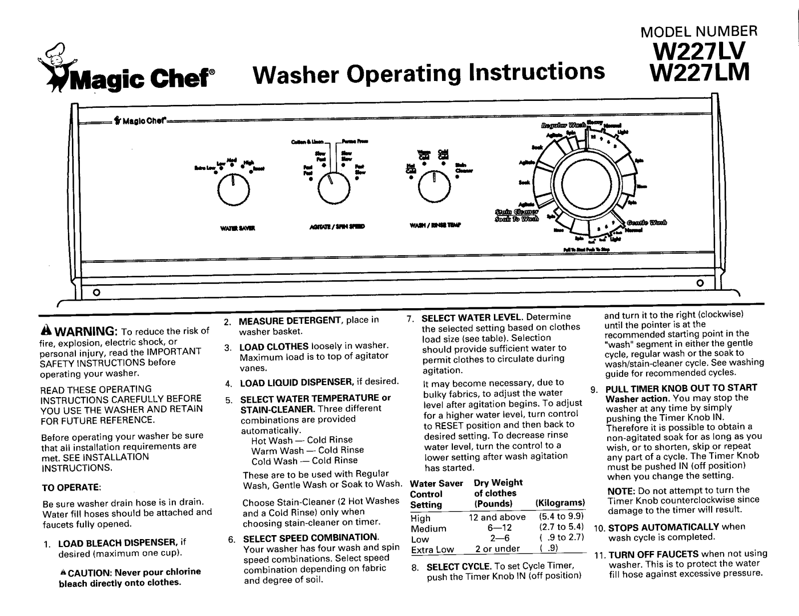 Magic Chef W227LM, W227LV Owner's Manual