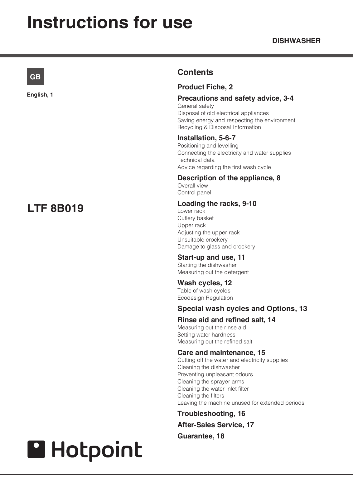 HOTPOINT LTF 8B019 C UK User Manual