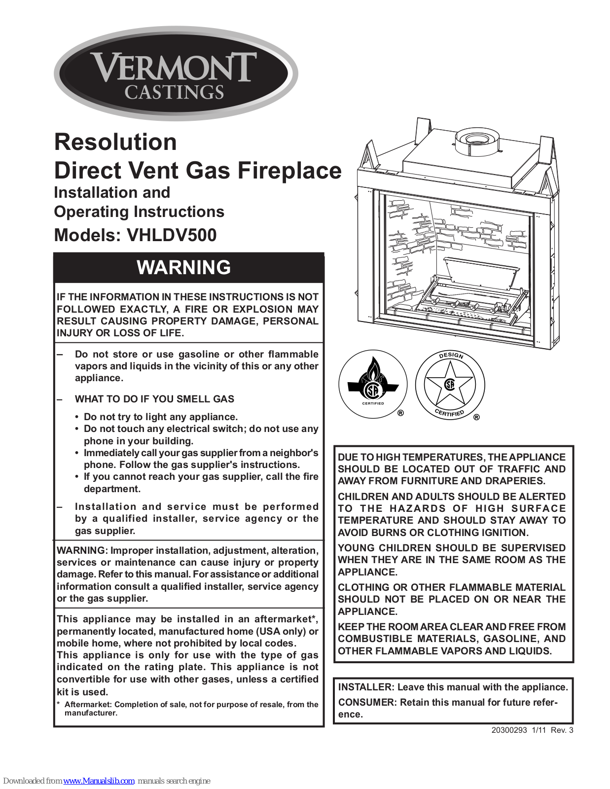 Vermont Castings VHLDV500 Installation And Operating Instructions Manual