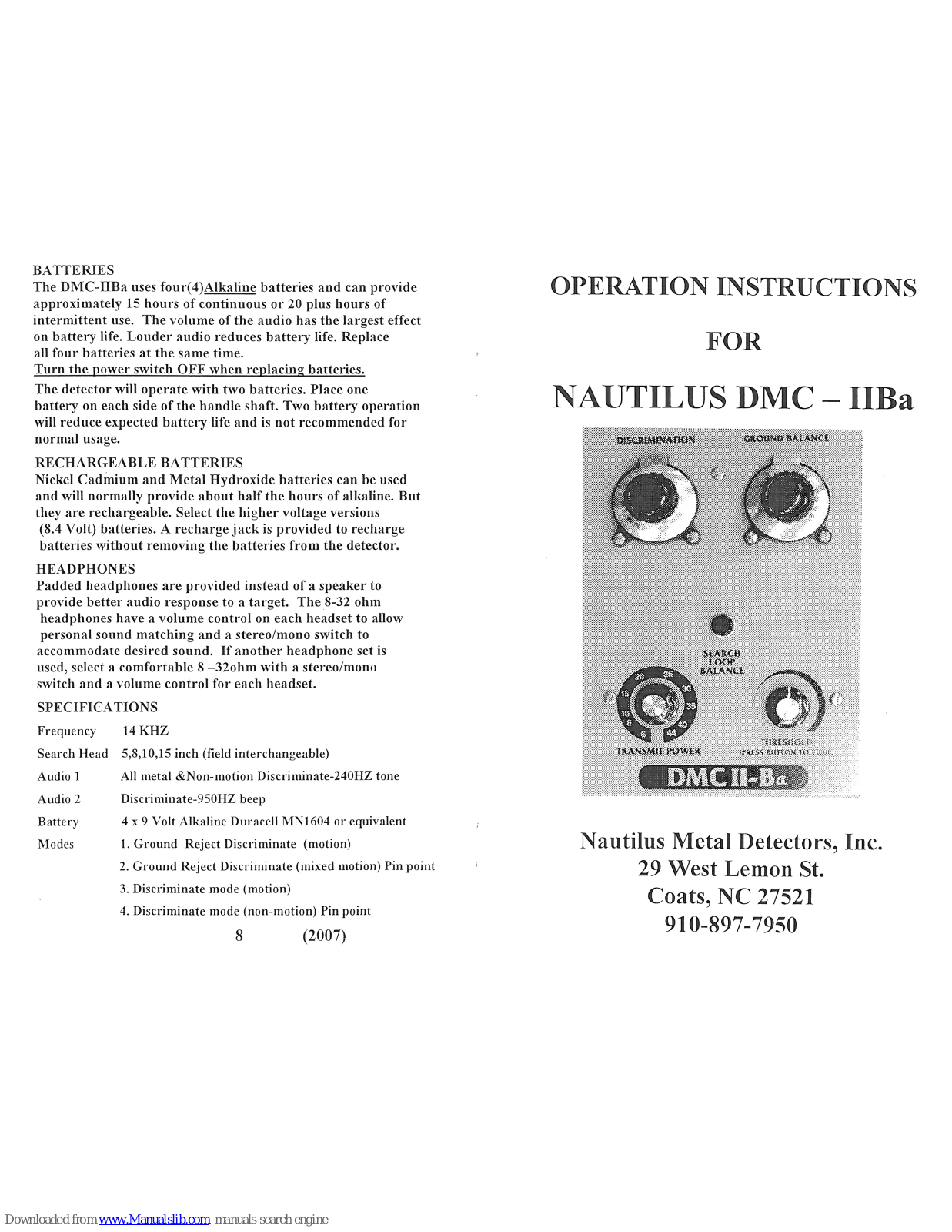 Nautilus DMC-IIBa Operation Instructions Manual