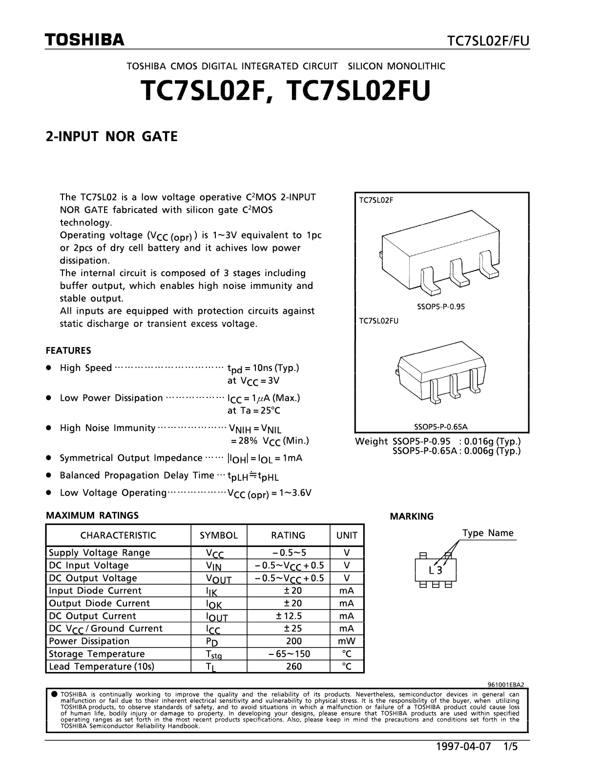Toshiba TC7SL02FU, TC7SL02F Datasheet