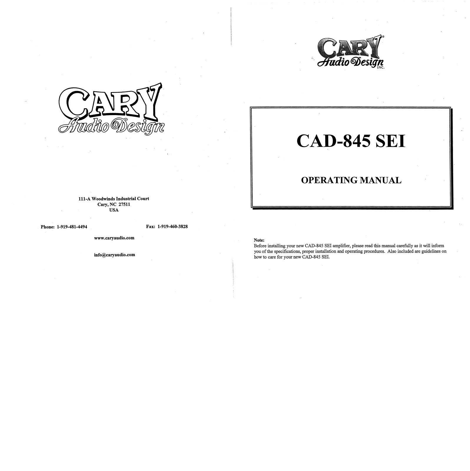 Cary Audio CAD 845 SEI Owner's Manual