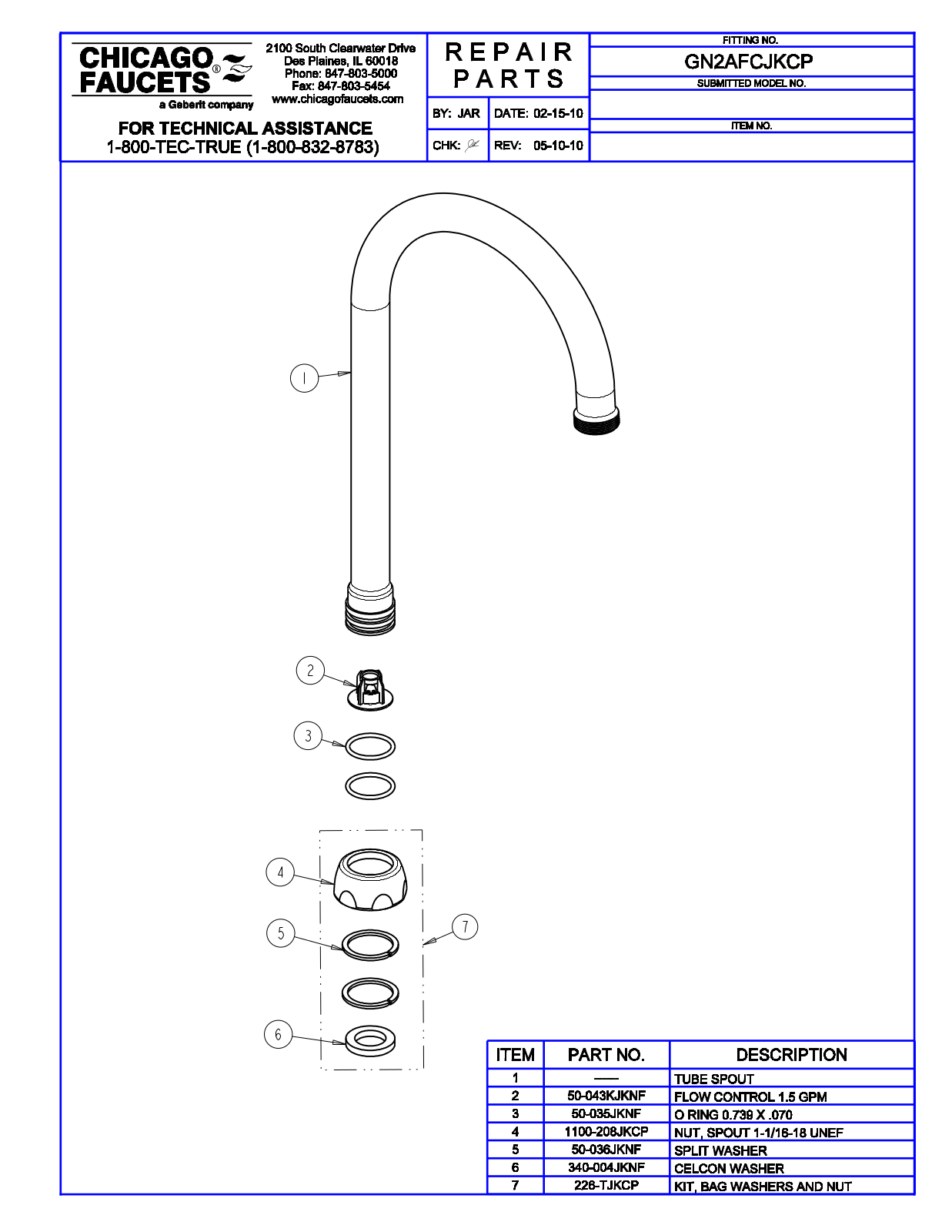 Chicago Faucet GN2AFCJKABCP, GN2AFCJKCP Parts List