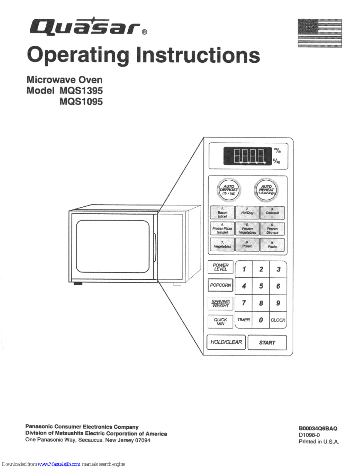 Quasar MQS1095, MQS1395, MQS1095E, MQS1095H - MICROWAVE, MQS1395E Operating Instructions Manual