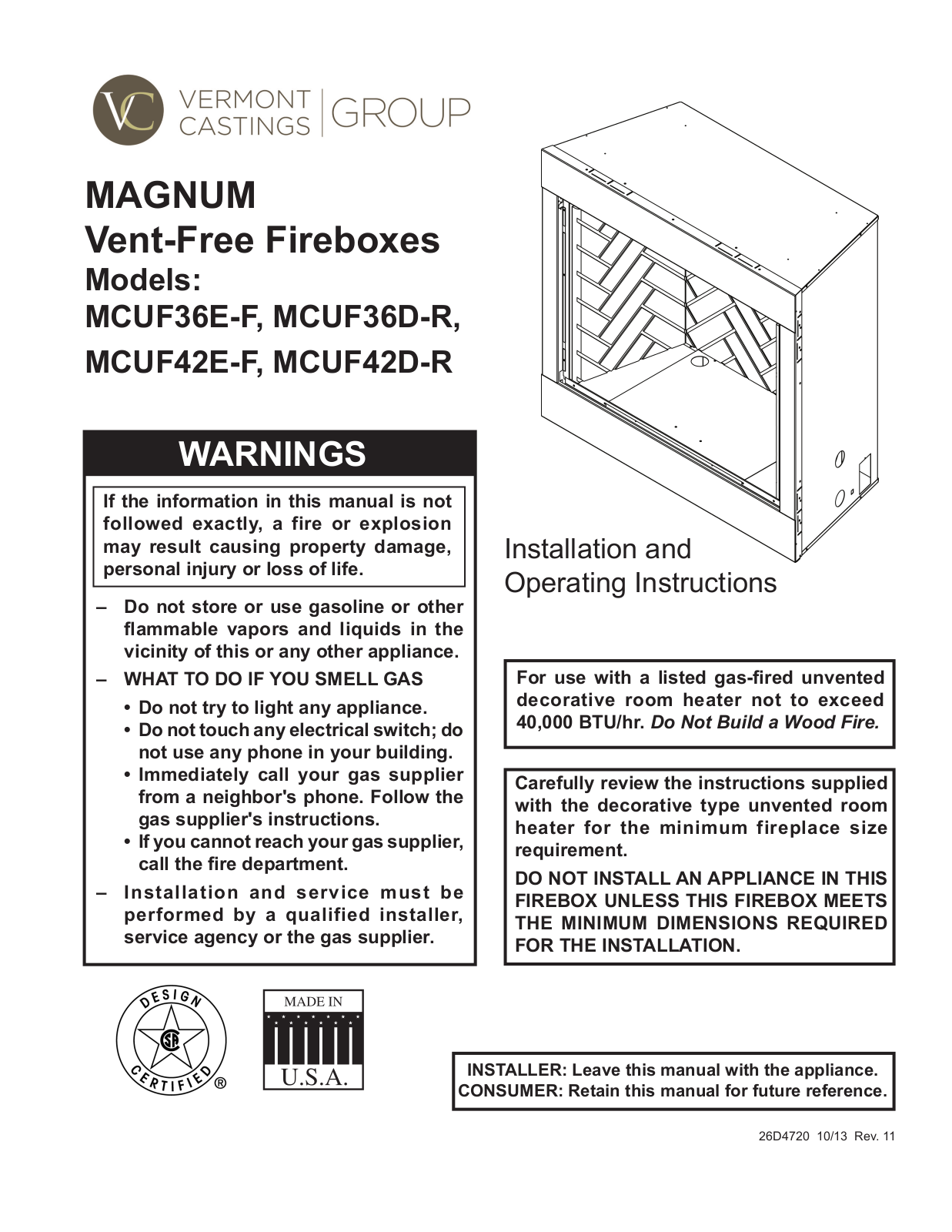 Majestic MCUF42DR Installation Manual