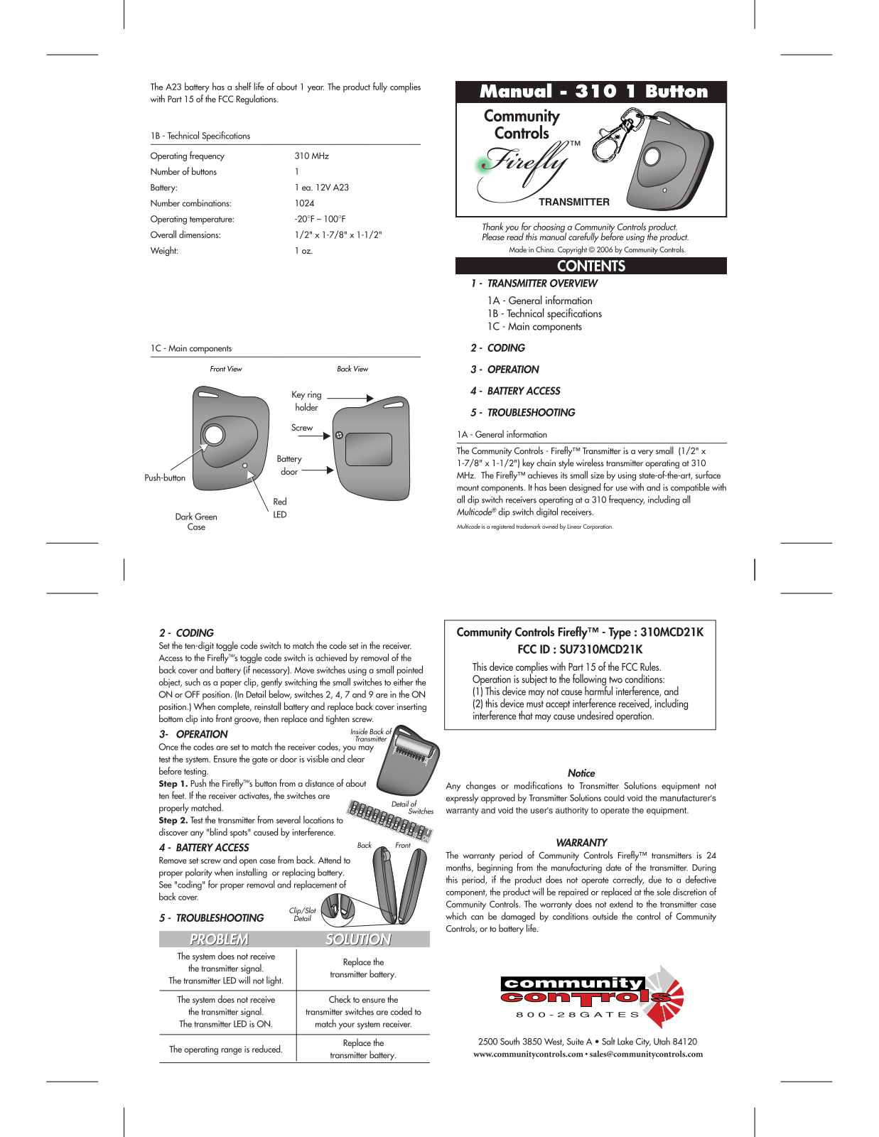 Controlled Entry Distributors 310MCD21K Users Manual