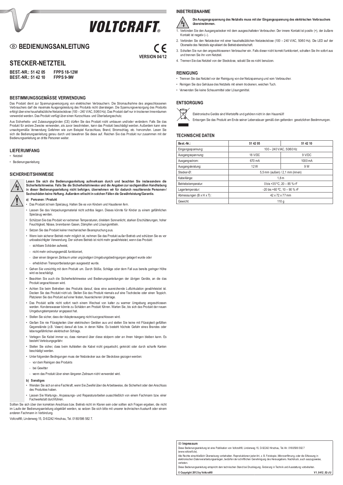 VOLTCRAFT FPPS 18-12W, FPPS 9-9W Operation Manual