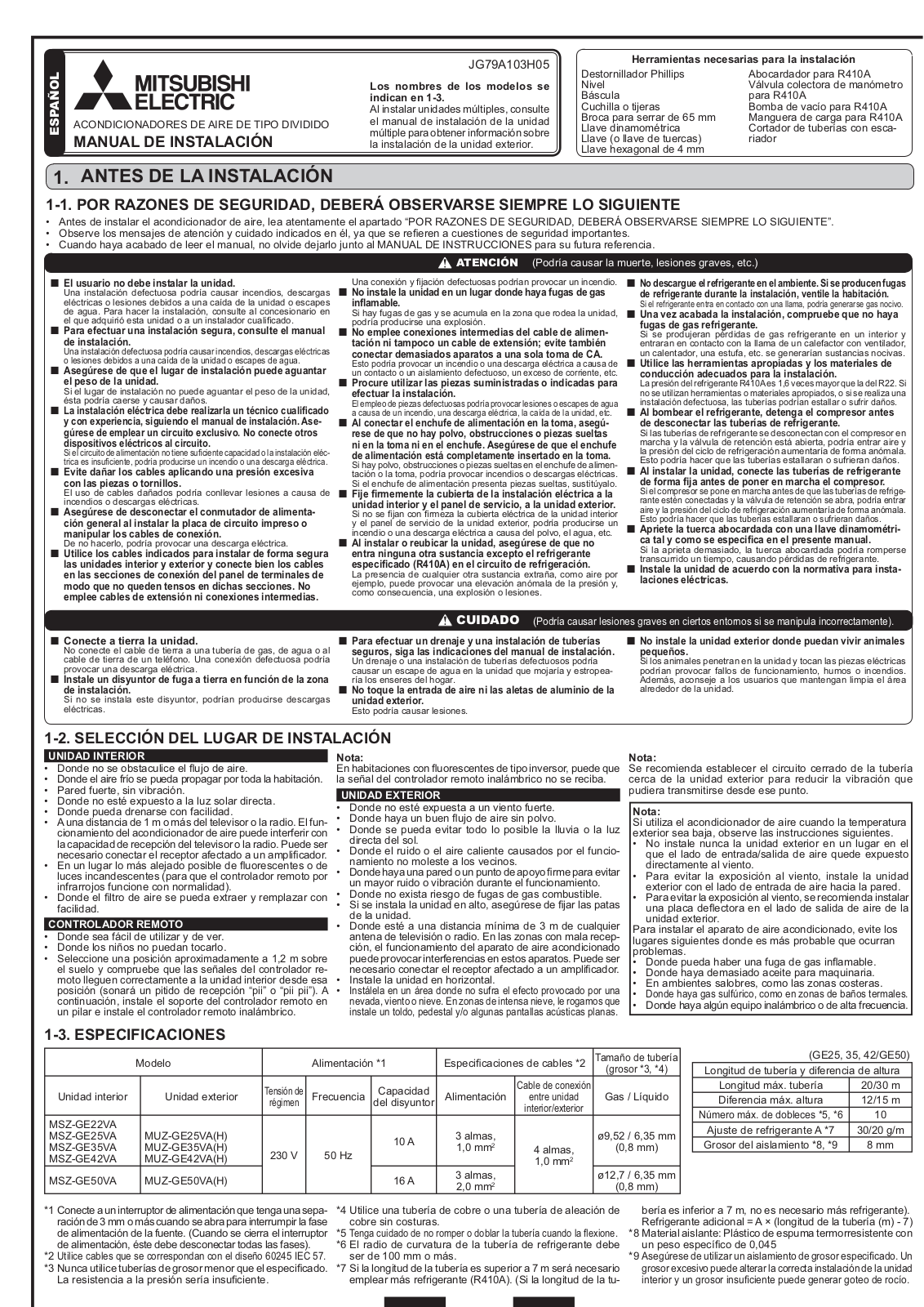 Mitsubishi JG79A103H05 INSTALLATION MANUAL