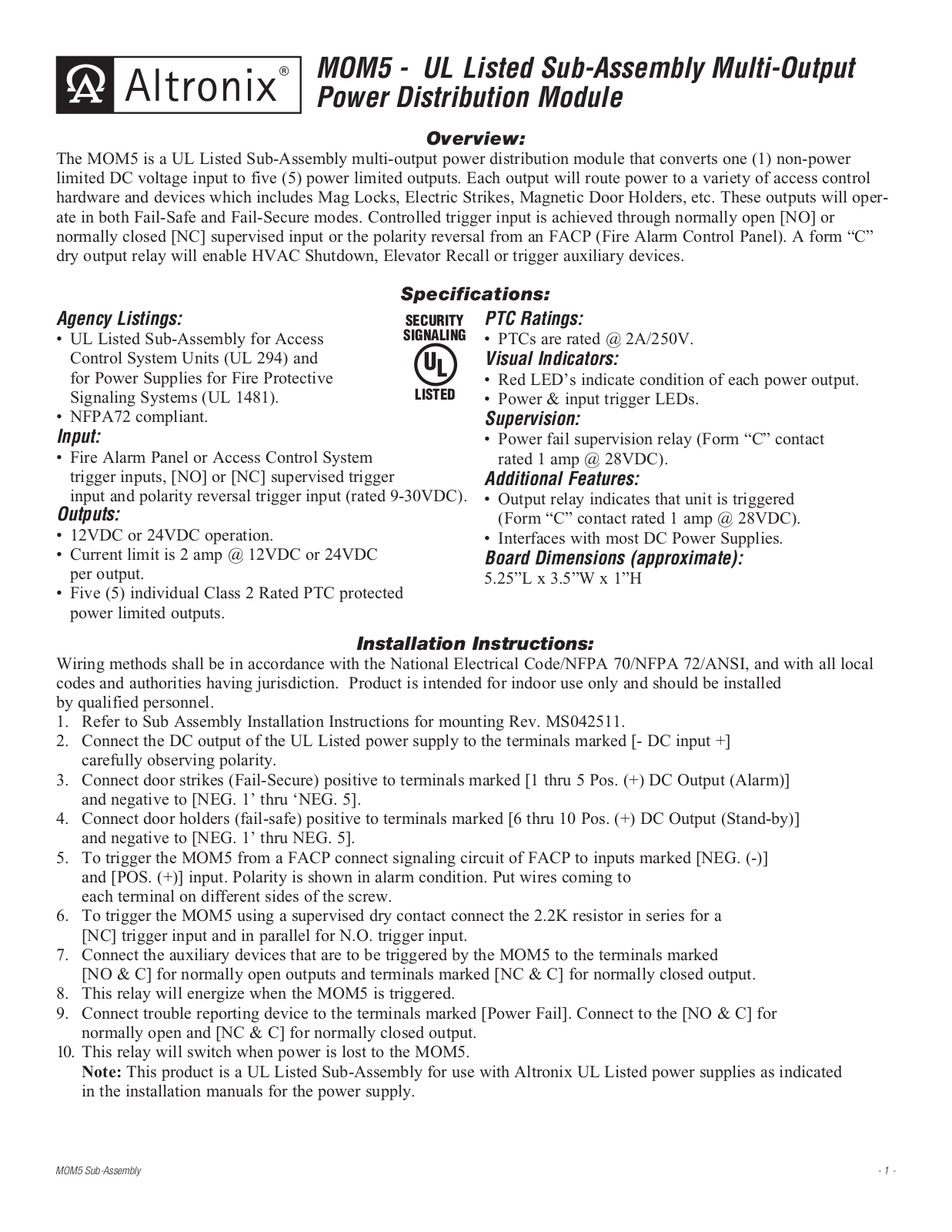 Altronix MOM5 Installation Instructions