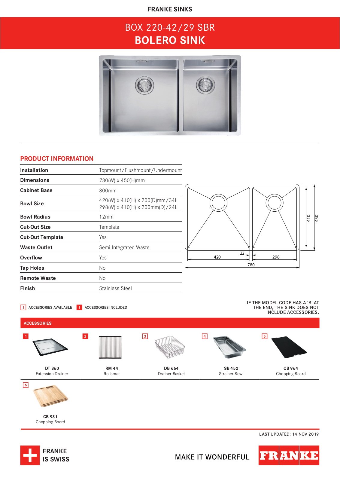 Franke BOX220-42/29SBR Specifications Sheet