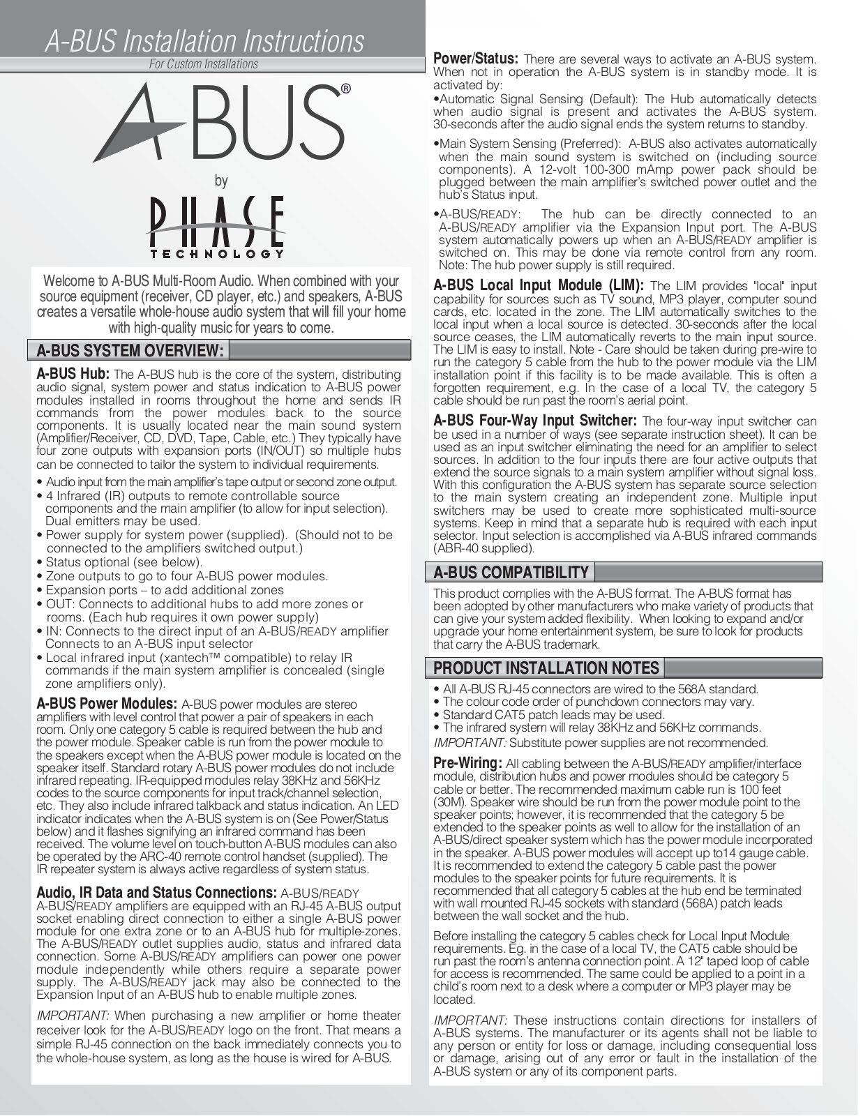 Phase A-BUS Installation Instructions