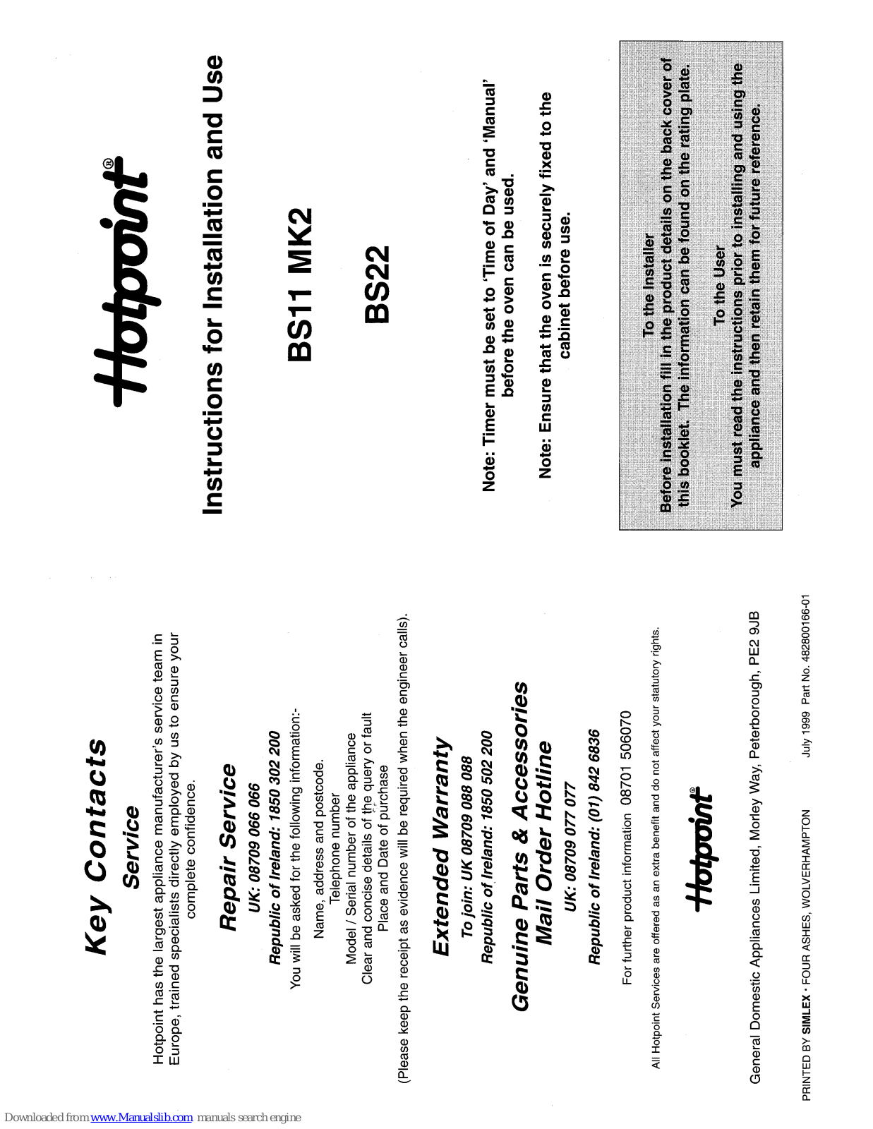 Hotpoint BS11 MK2, BS 22 Instructions For Installation And Use Manual