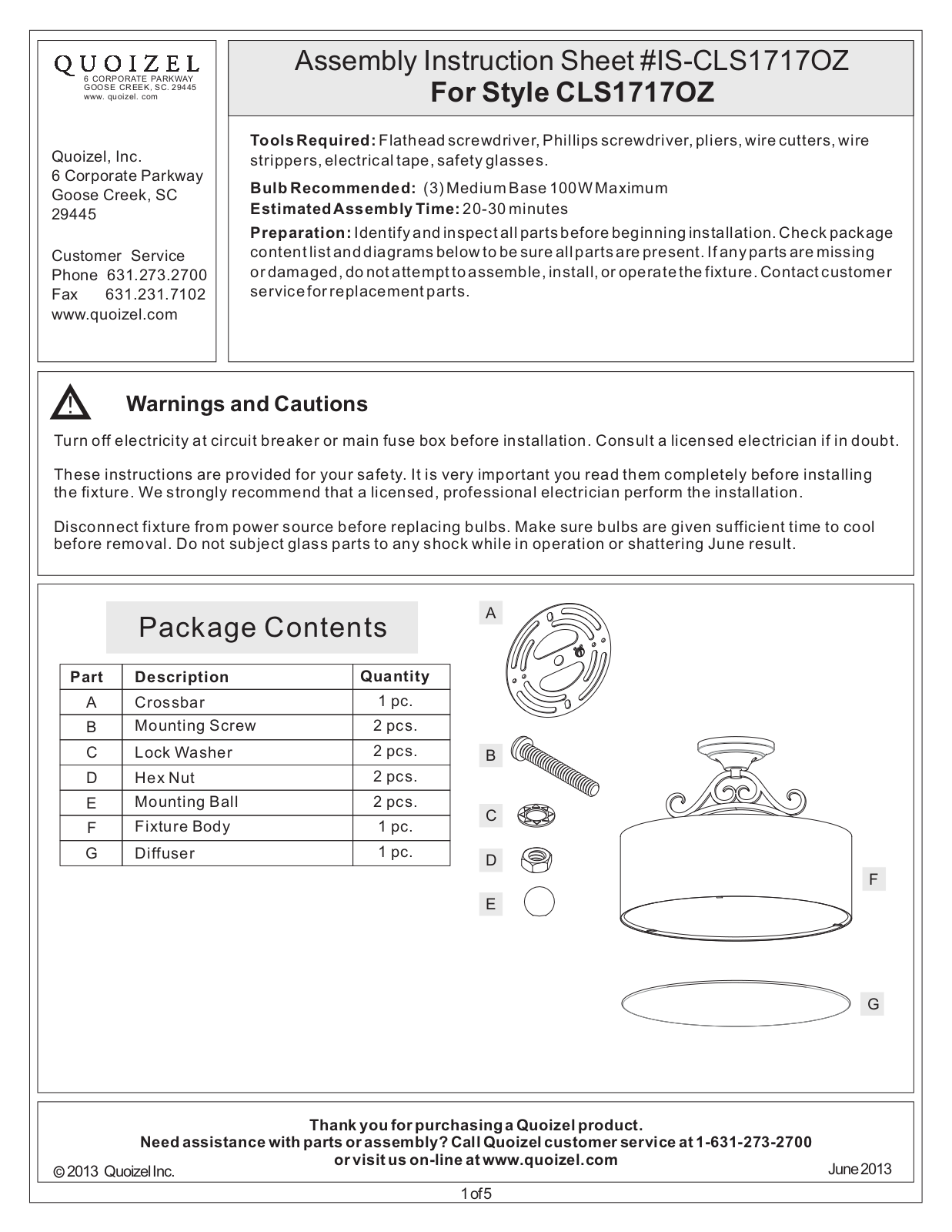 Quoizel CLS1717OZ User Manual