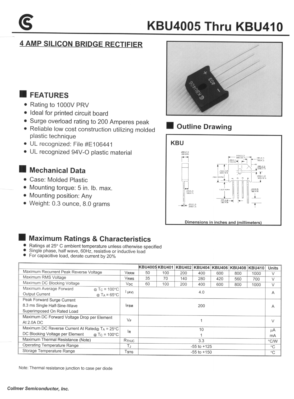 CALLMER KBU410, KBU408, KBU406, KBU404, KBU401 Datasheet