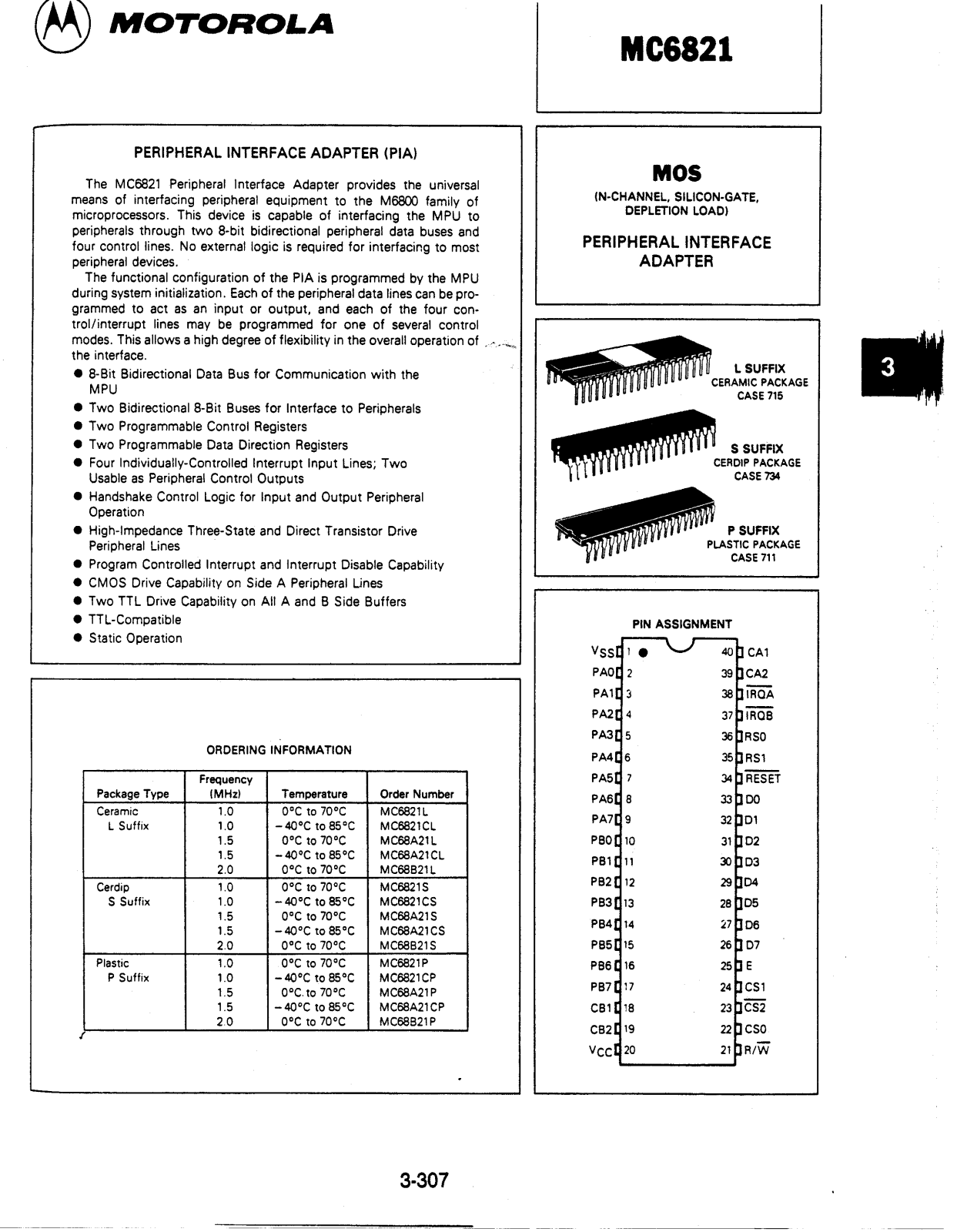 Motorola MC68B21P, MC68B21L, MC68A21P, MC68A21S, MC68A21CL Datasheet