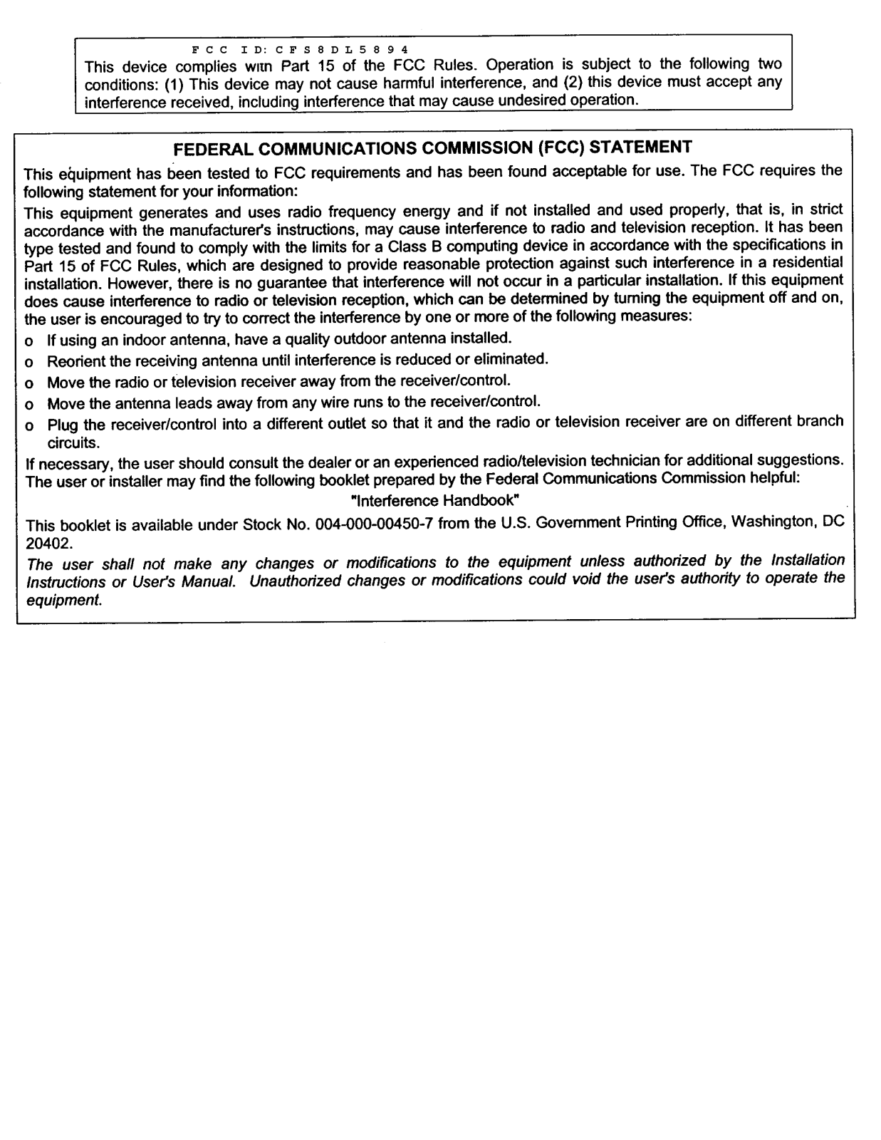 Ademco 8DL5894PI II page with FCC statements