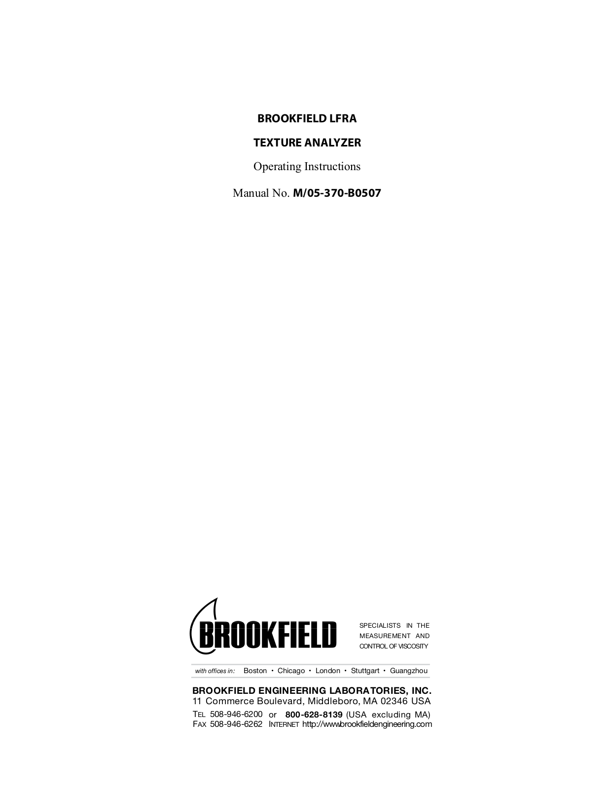 Brookfield LFRA Texture Analyzer User Manual