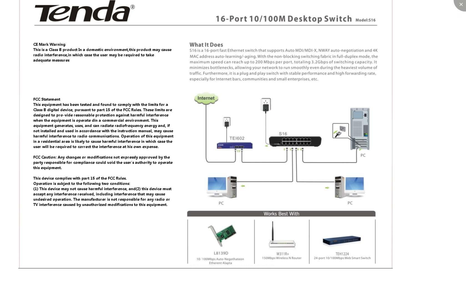 TENDA TECHNOLOGY S16 Users Manual