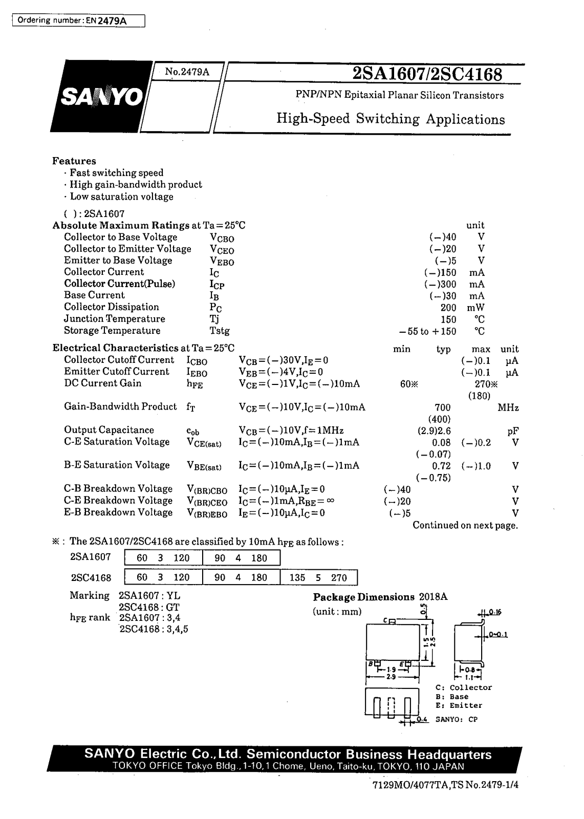 SANYO 2SC4168, 2SA1607 Datasheet