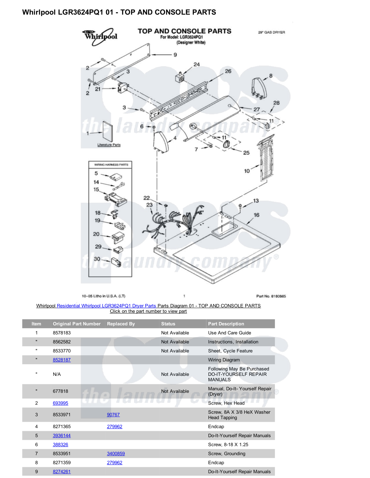 Whirlpool LGR3624PQ1 Parts Diagram