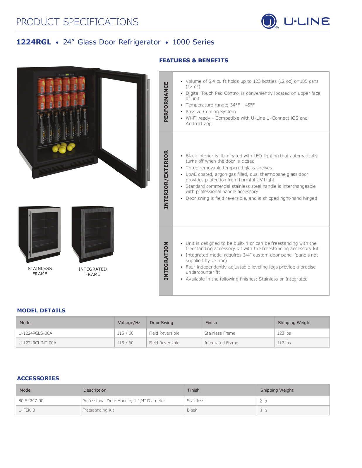 U-line U1224RGLINT00A Specsheet