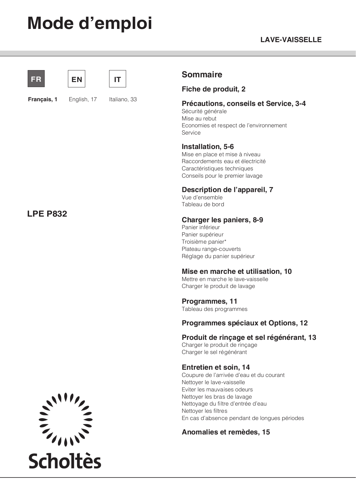 SCHOLTES LPE P832 X User Manual