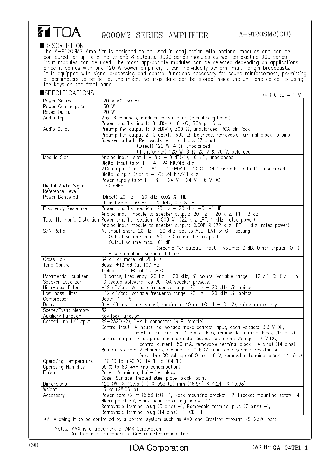 TOA A-9120SM2 CU User Manual